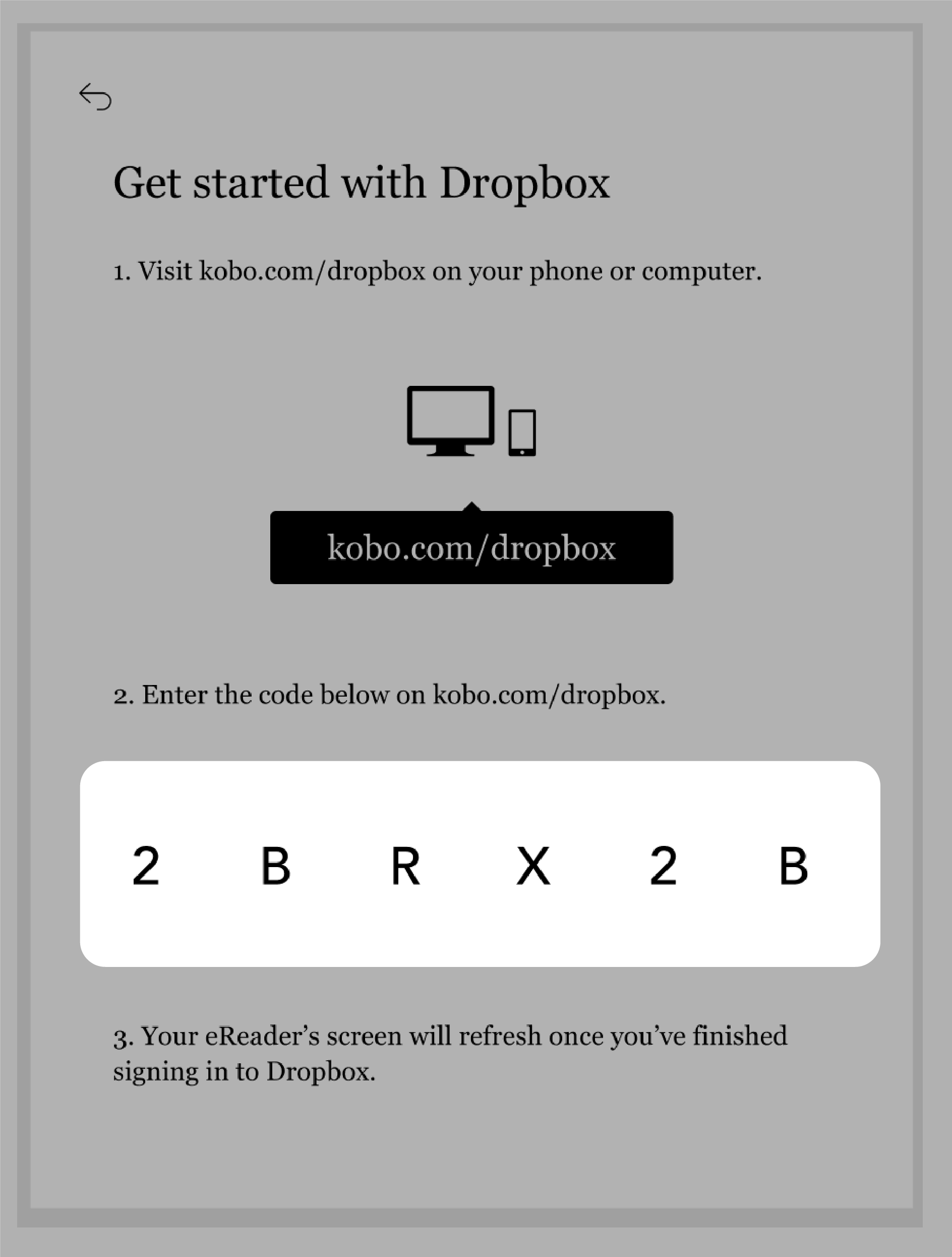 «Kom i gang med Dropbox»-skjermen med Dropbox-koden uthevet.