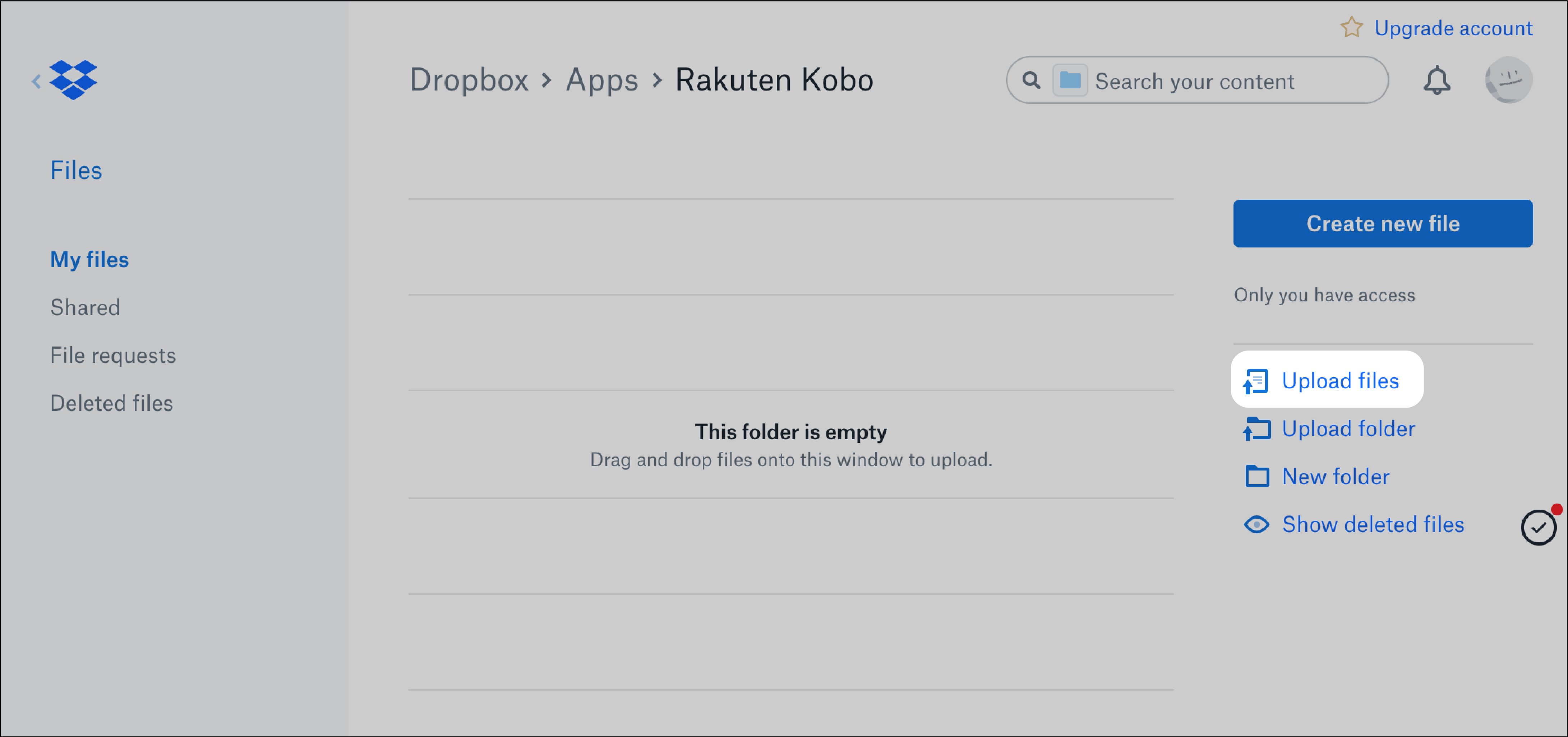 Dropbox-startskjerm med «Last opp filer»-knappen uthevet.