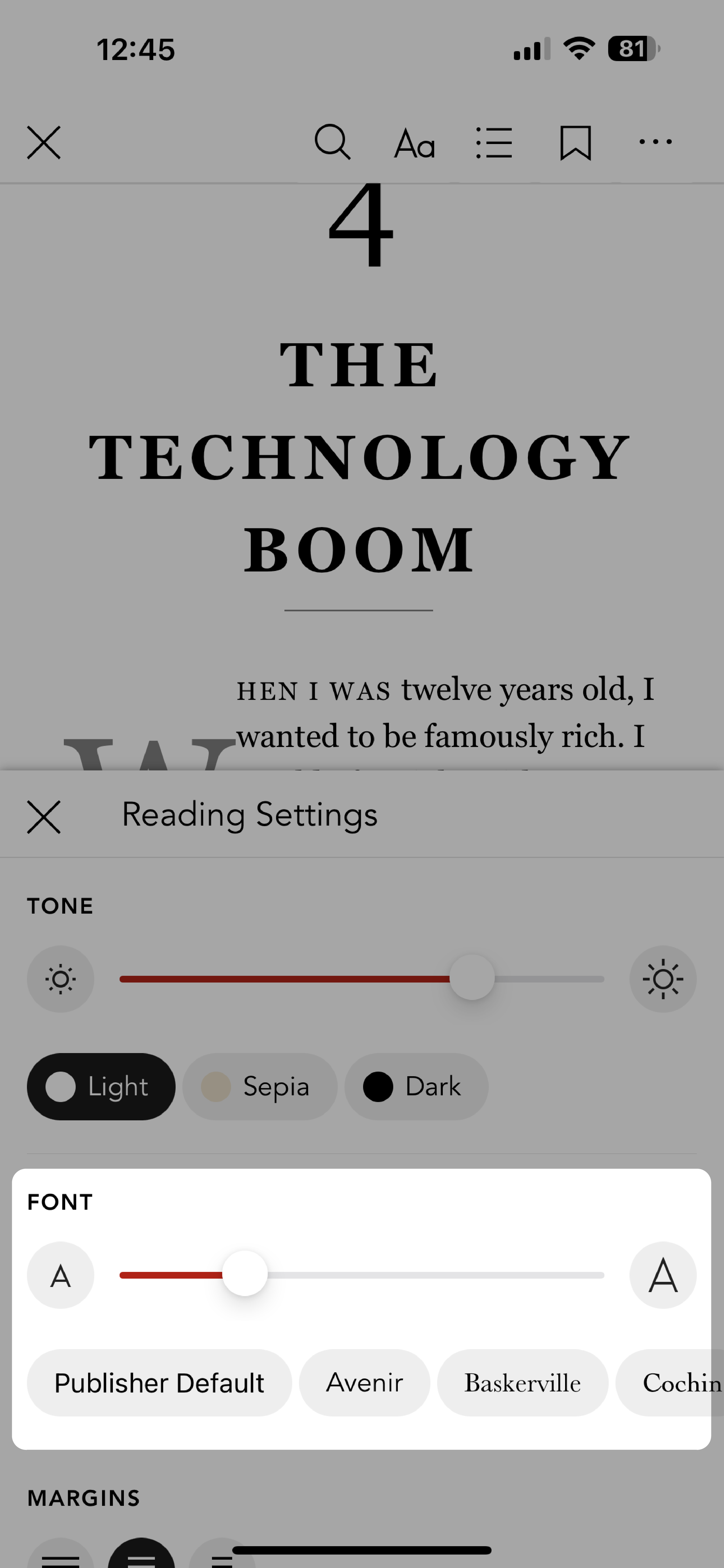 Kobo Books app with the font adjustment menu highlighted near the bottom half of the screen.