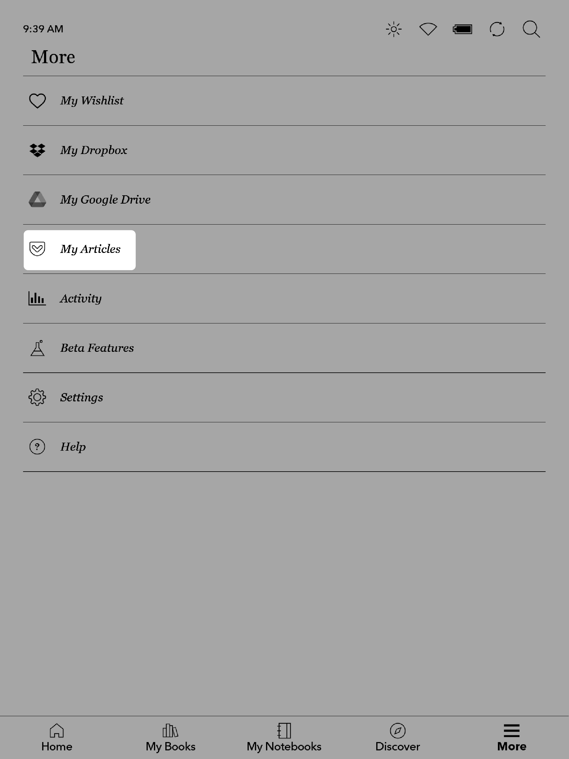 Menu Plus d'une liseuse Kobo avec le bouton Mes articles mis en évidence.