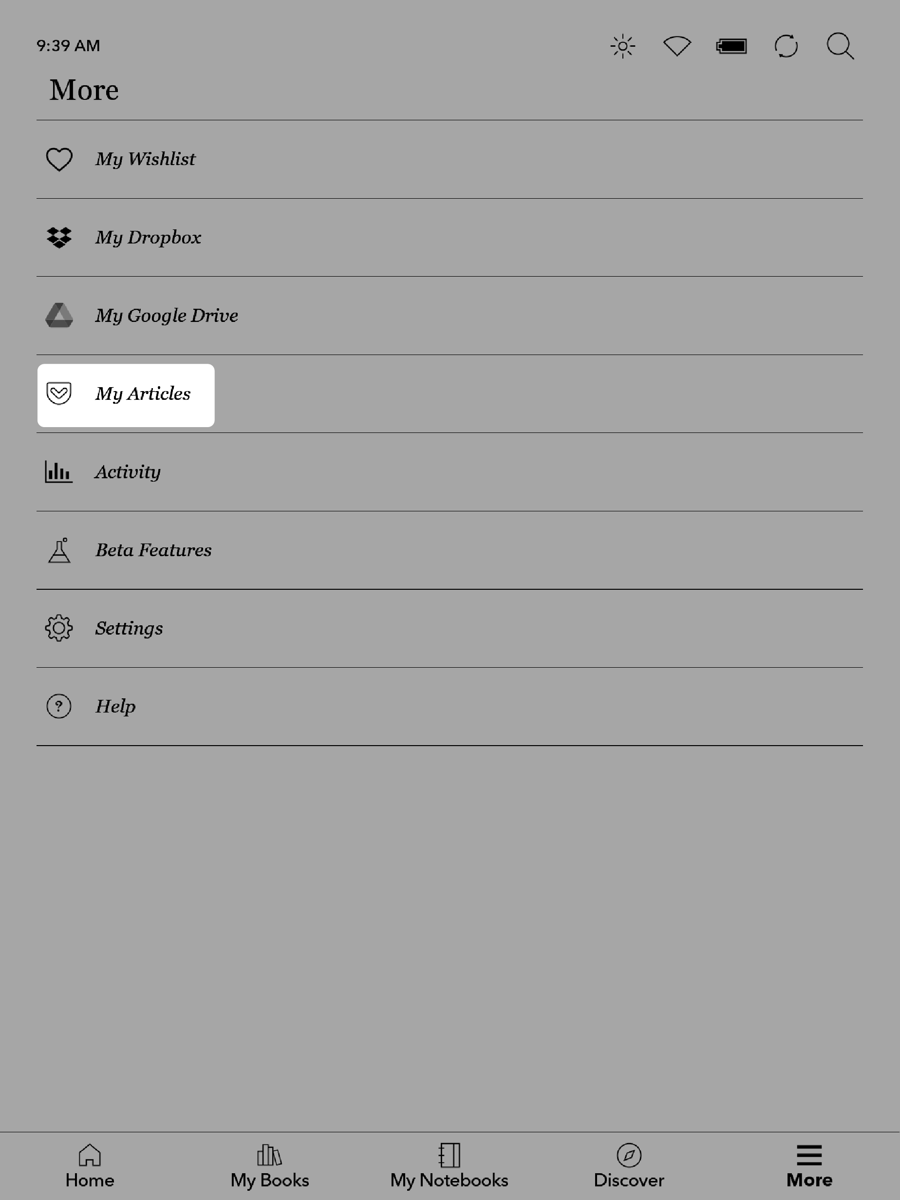 Kobo-läsplatta, Mer-menyn med knappen Mina artiklar markerad.