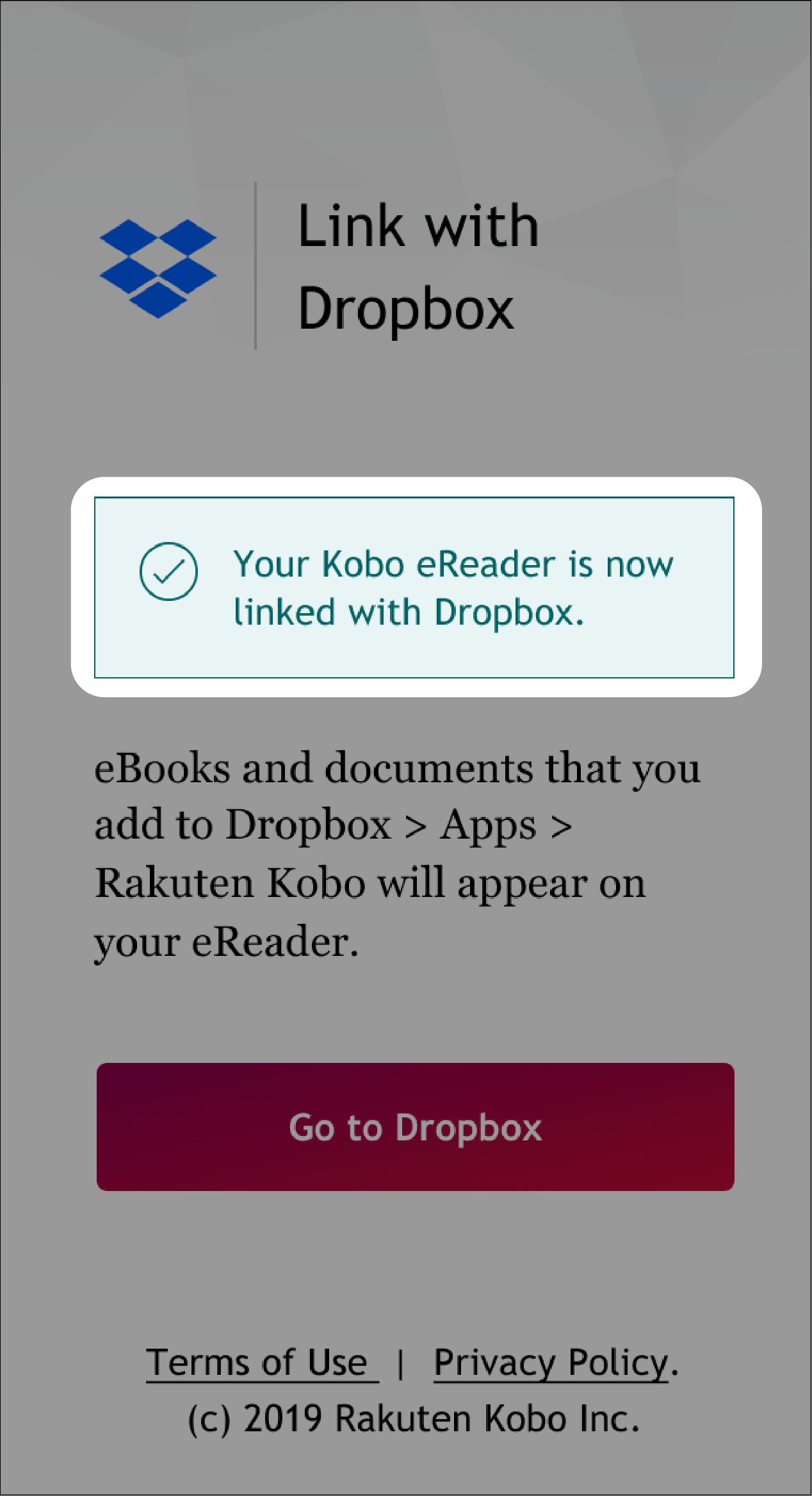 Dropbox window with the Link  confirmation message highlighted.