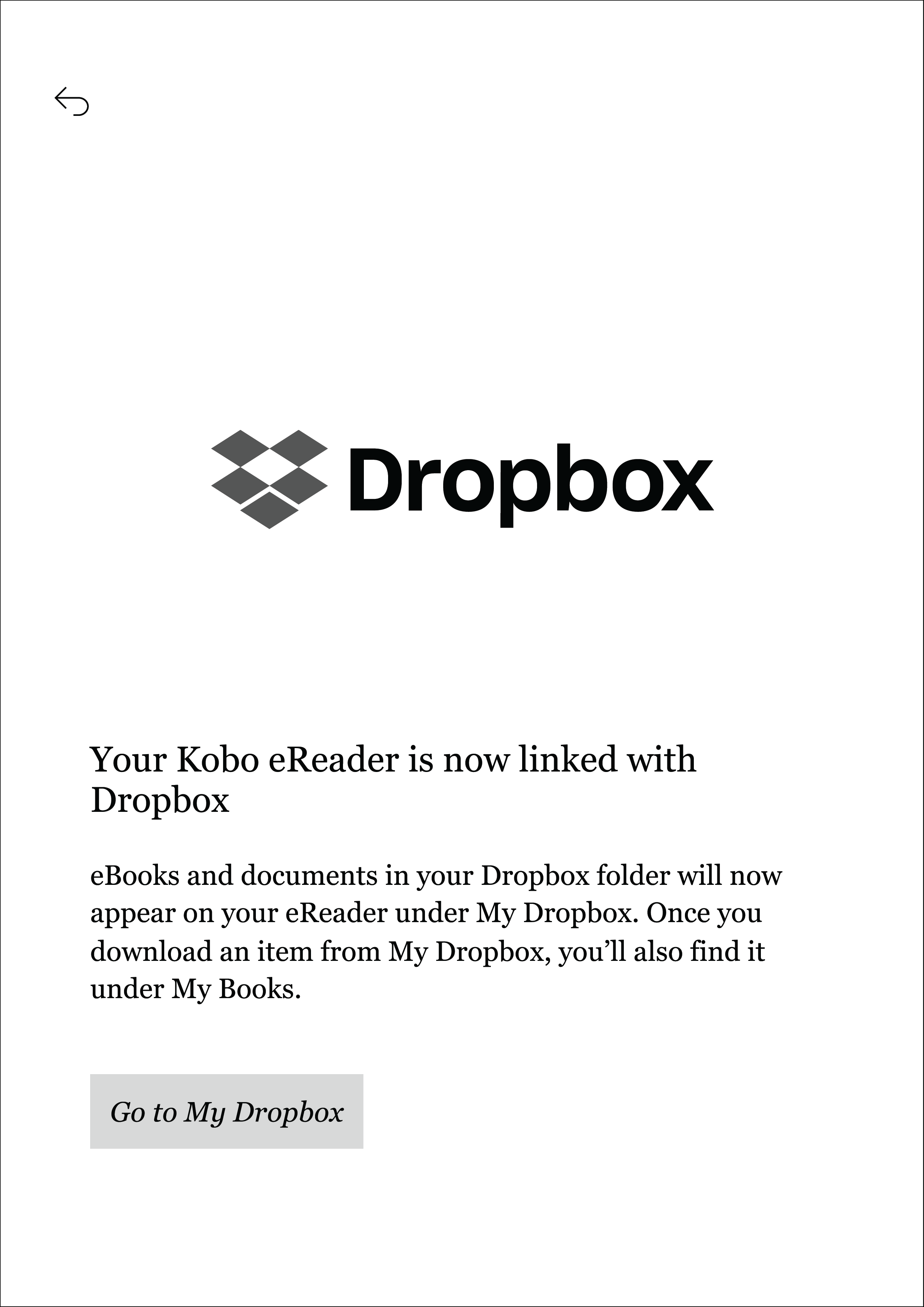 Kobo eReader Dropbox window with an explaination of the Dropbox feature.