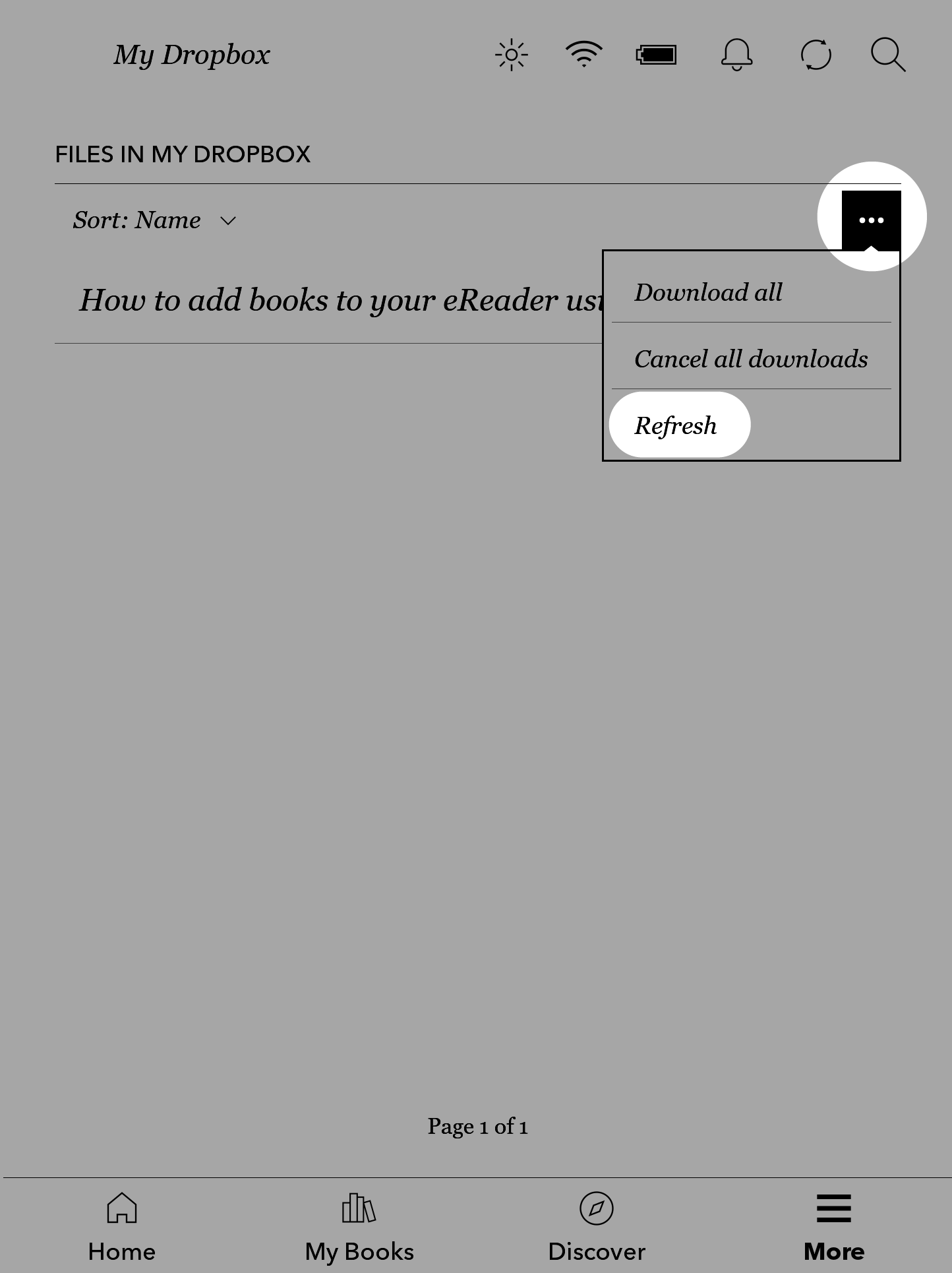 Kobo eReader Dropbox window with the More icon and Refresh button highlighted.