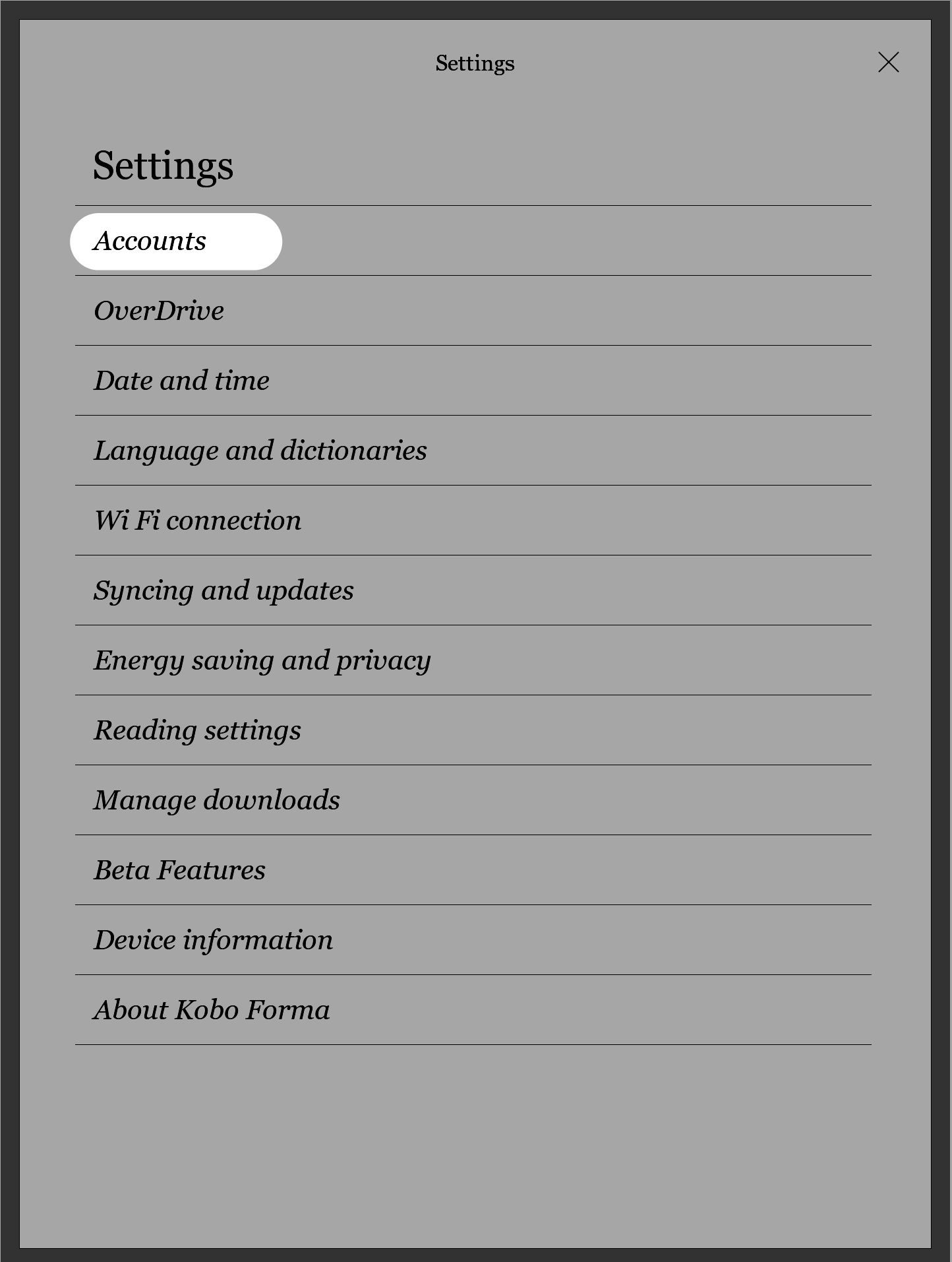 Kobo eReader Settings menu with the Accounts button highlighted.