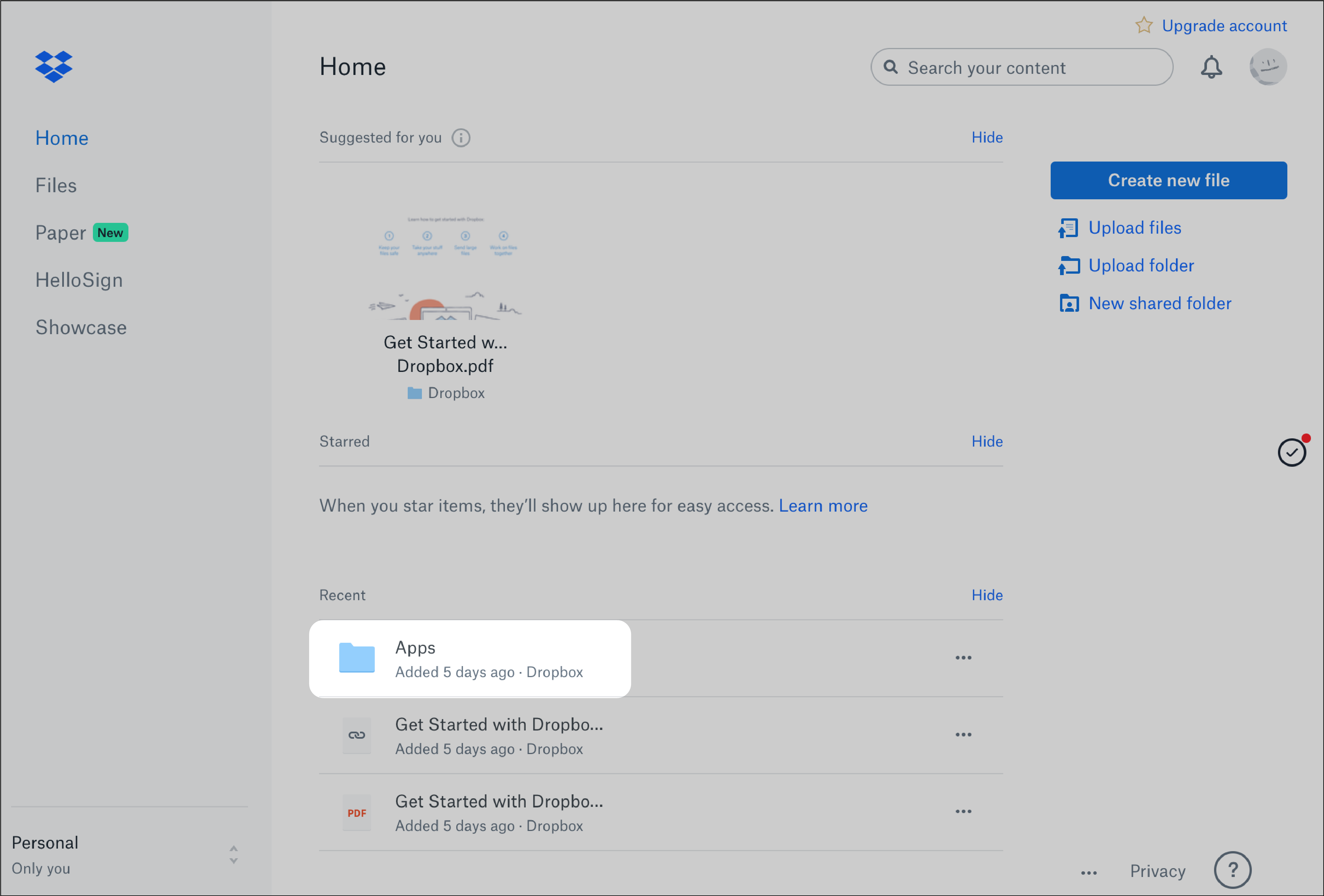 Dropbox-skjerm med ikonet for appmapper uthevet.