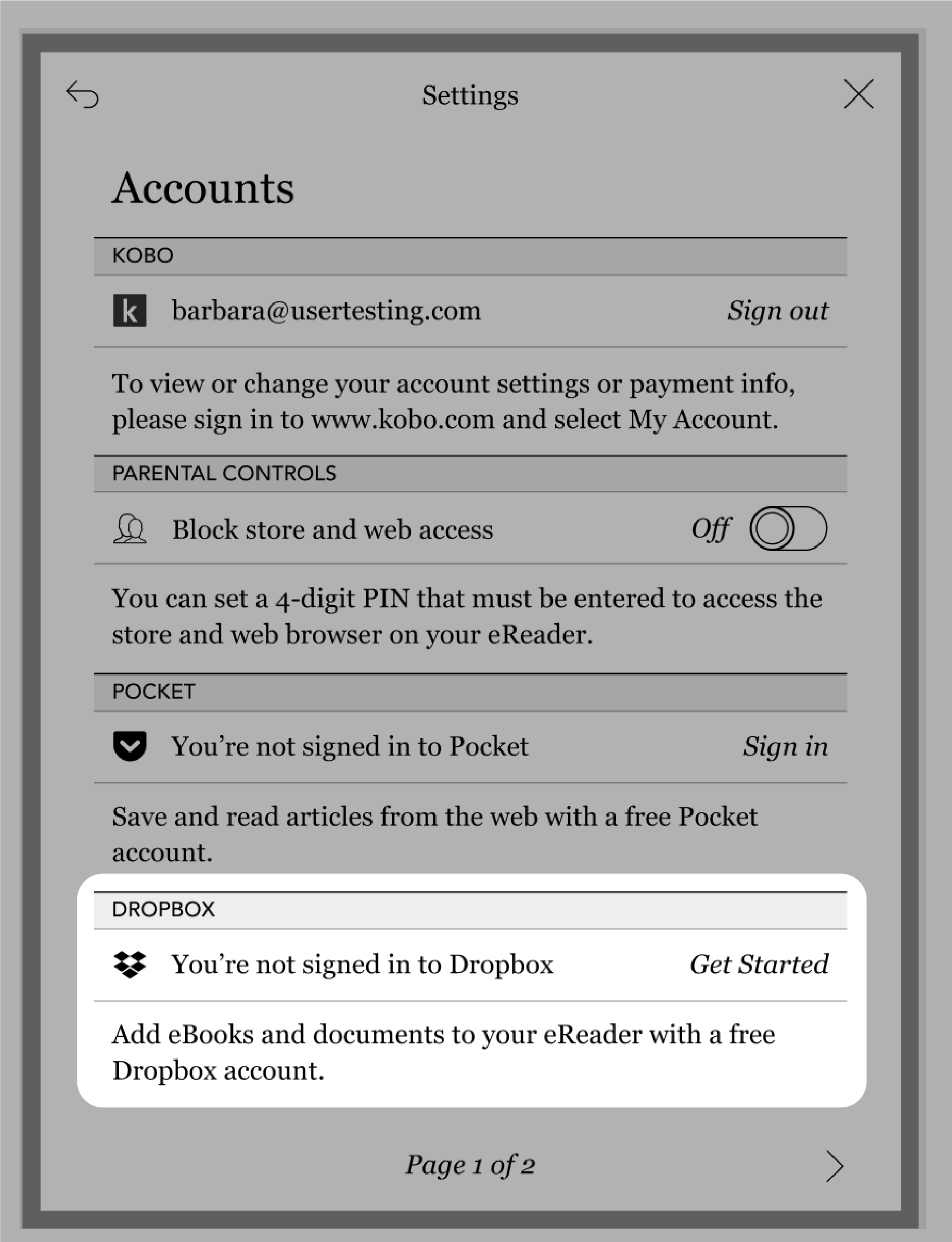 Menu de Contas do eReader Kobo com a secção do Dropbox destacada.