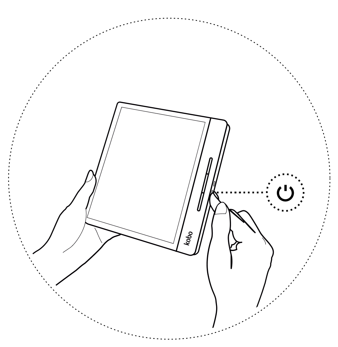 Illustration of a hand holding a Kobo eReader and pressing the power button on the side of the device.