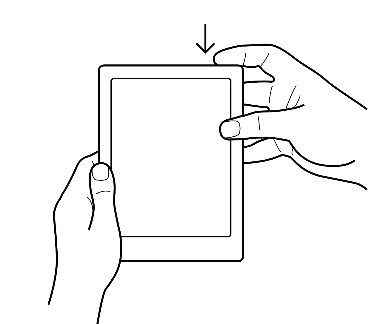 Ilustración de una mano sosteniendo un eReader Kobo y presionando el botón de encendido en la parte superior del dispositivo.