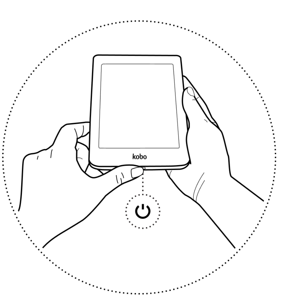 Ilustração de uma mão a segurar um eReader Kobo e a pressionar o botão de ligar/desligar na parte inferior do dispositivo.