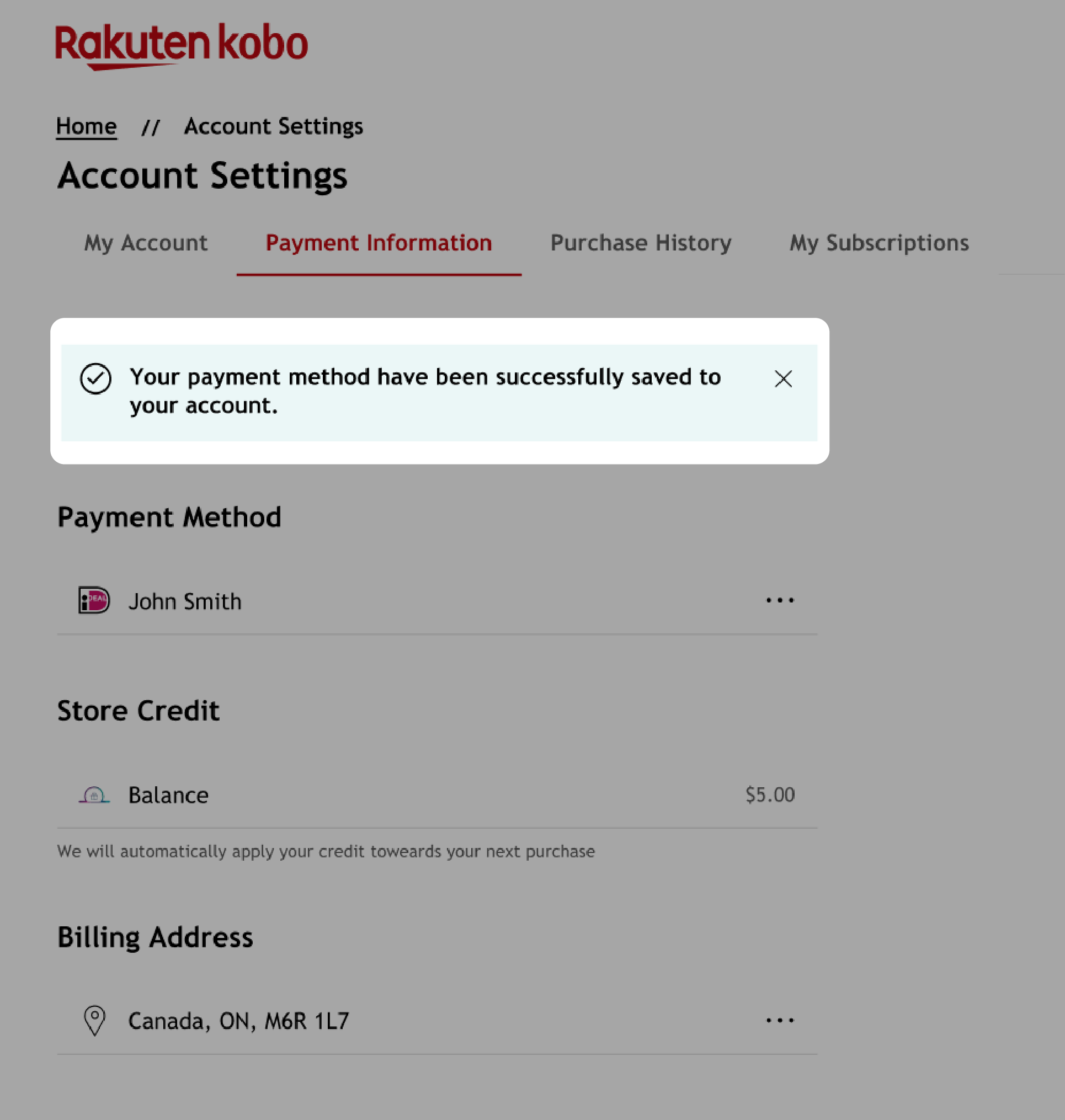 Kobo.com Account Settings menu with a payment confirmation message highlighted.