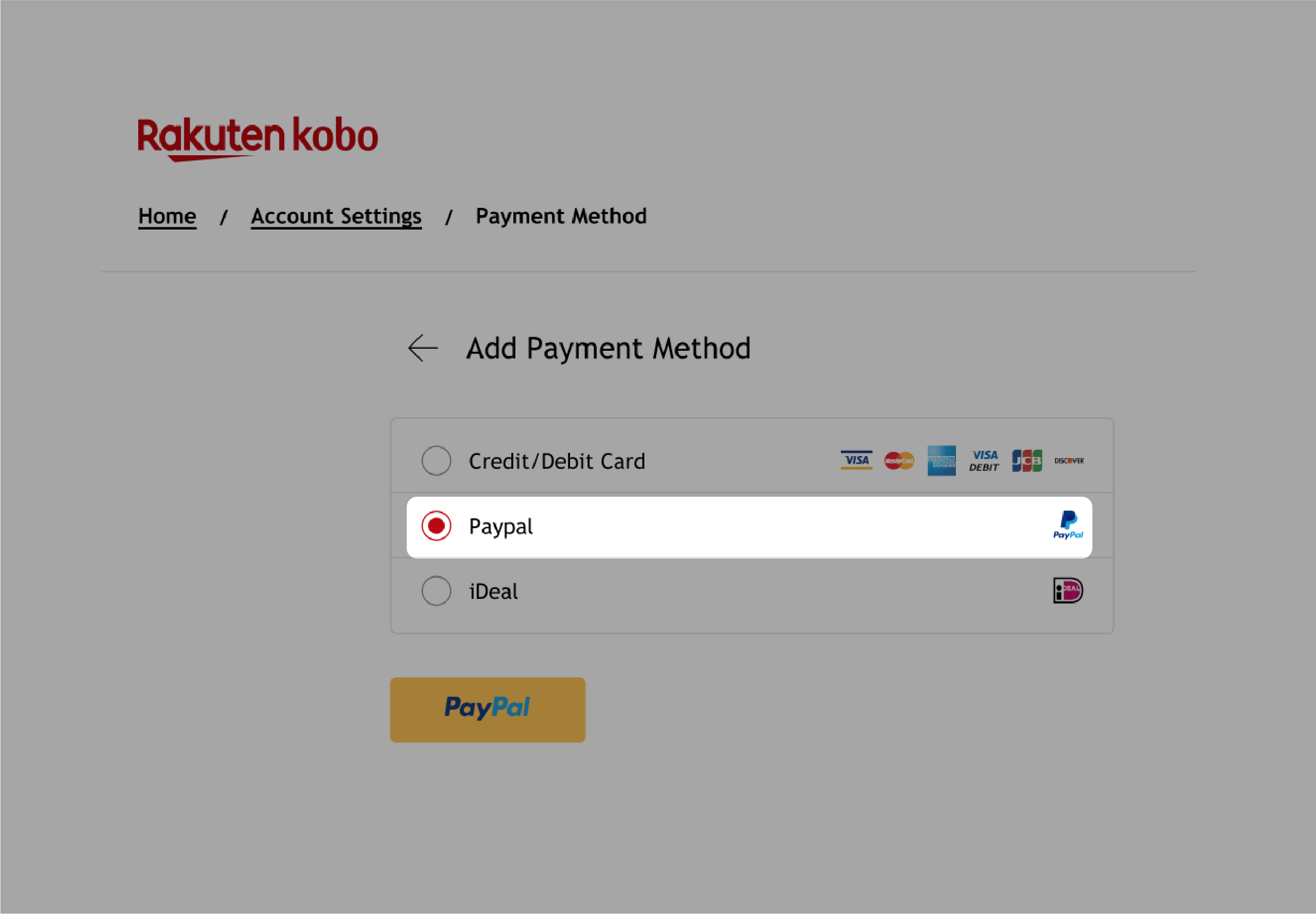 Kobo.com sin «Betalingsmetode»-meny med «PayPal»-alternativet uthevet.