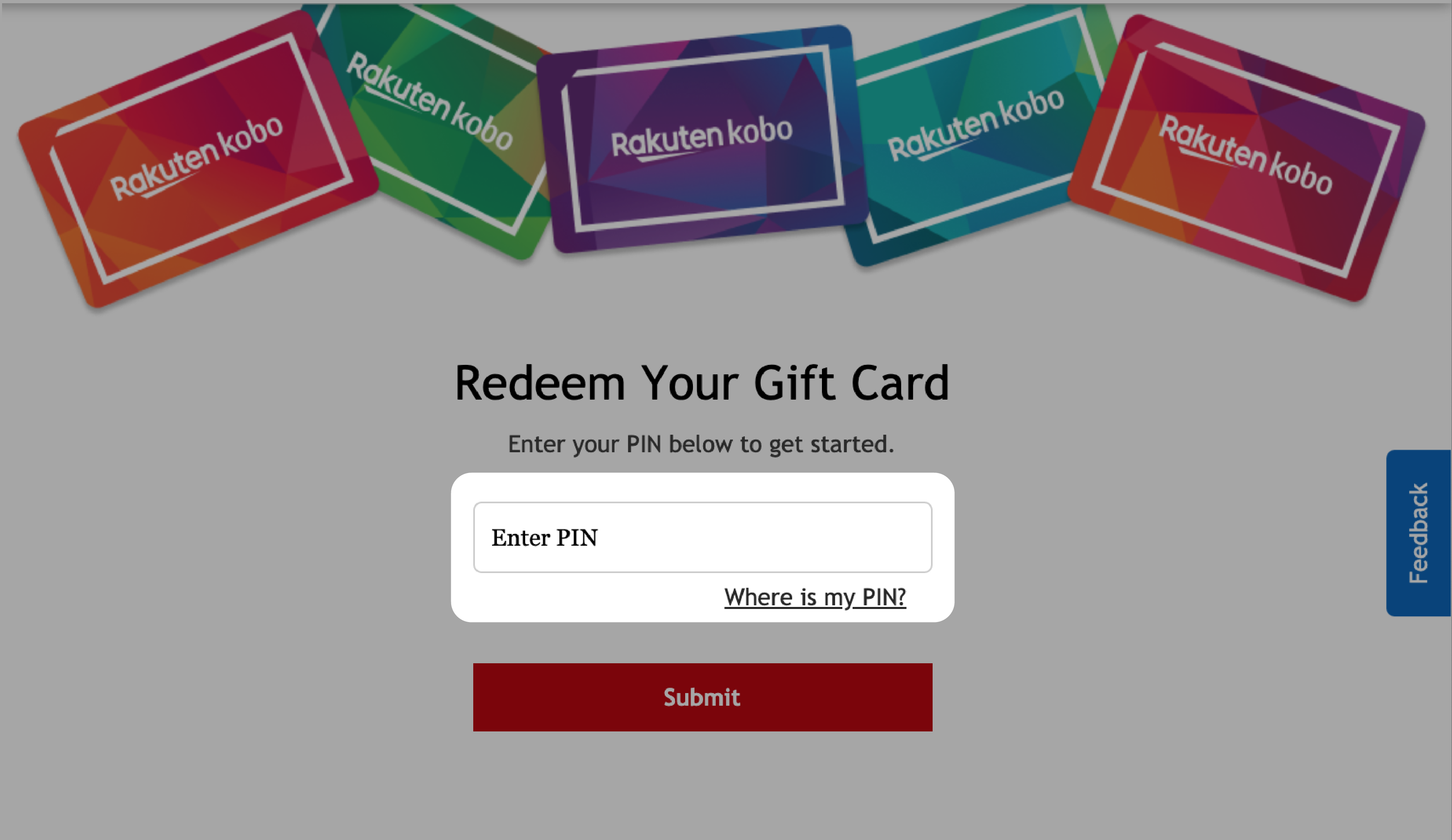 Pagina della carta regalo Kobo Redeem con il campo Inserisci PIN evidenziato.