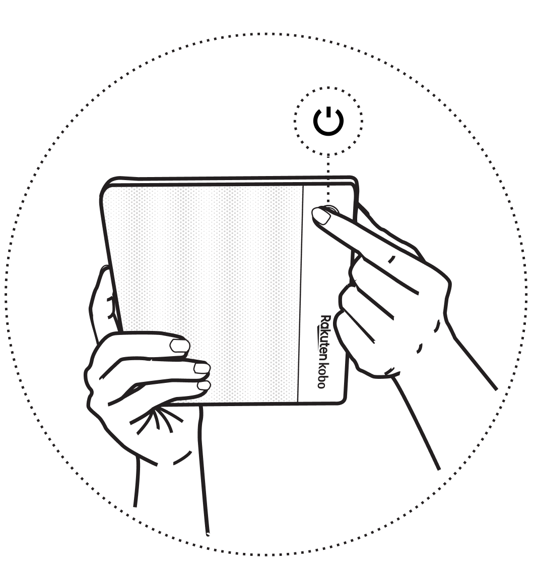 Illustration of a hand holding a Kobo eReader and pressing the power button on the back of the device.