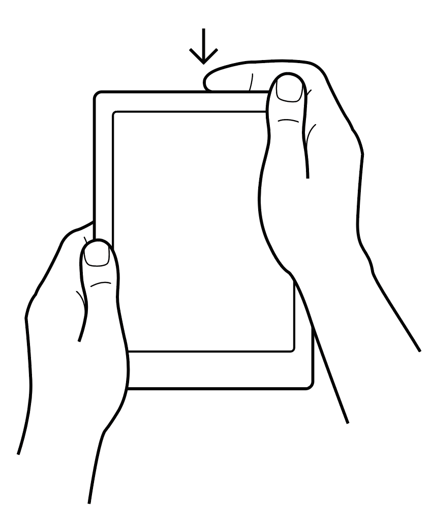 Illustration of a hand holding a Kobo eReader and pressing the power button on the top of the device.