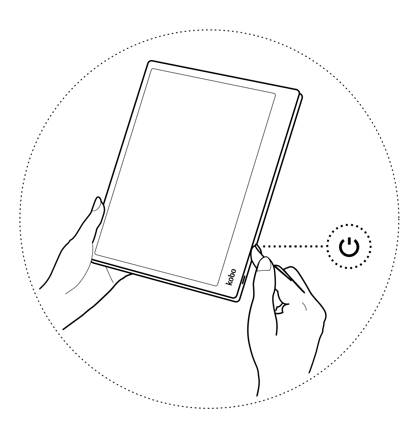 Illustration de mains tenant une liseuse Kobo et appuyant sur le bouton d'alimentation situé sur le côté de l'appareil.
