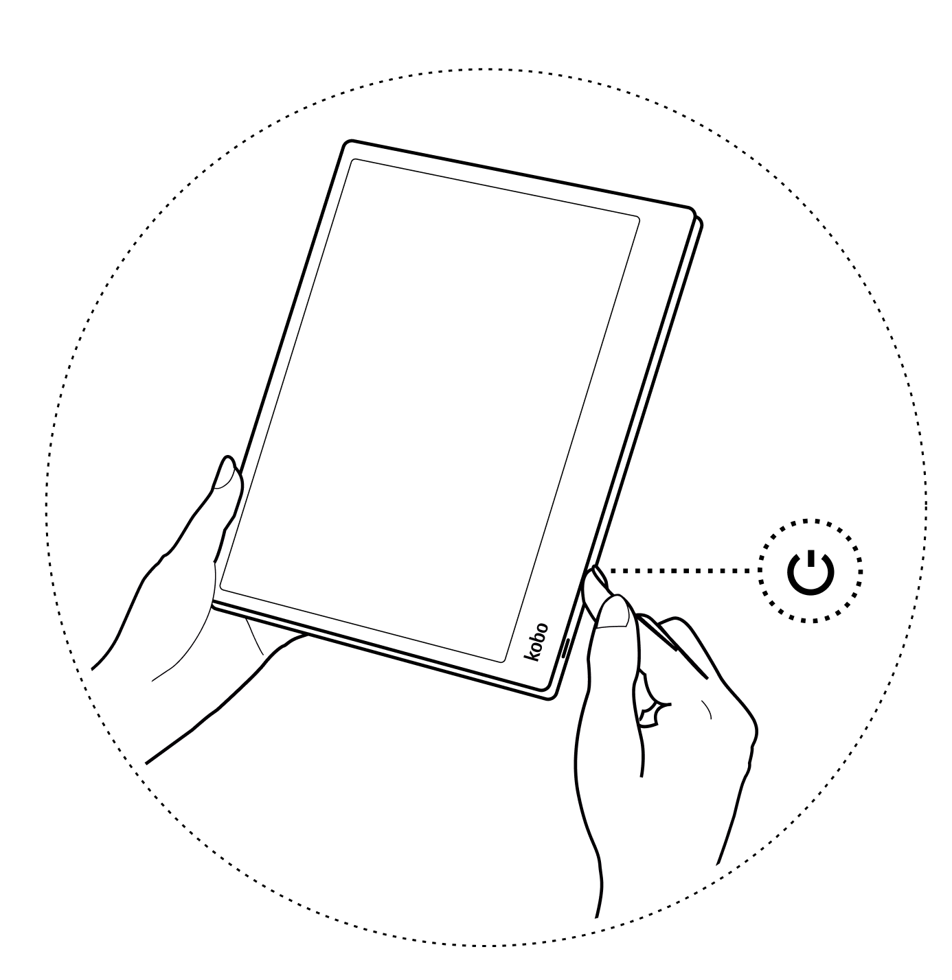 Illustrazione di una mano che tiene un eReader Kobo e preme il comando di accensione sul lato del dispositivo.