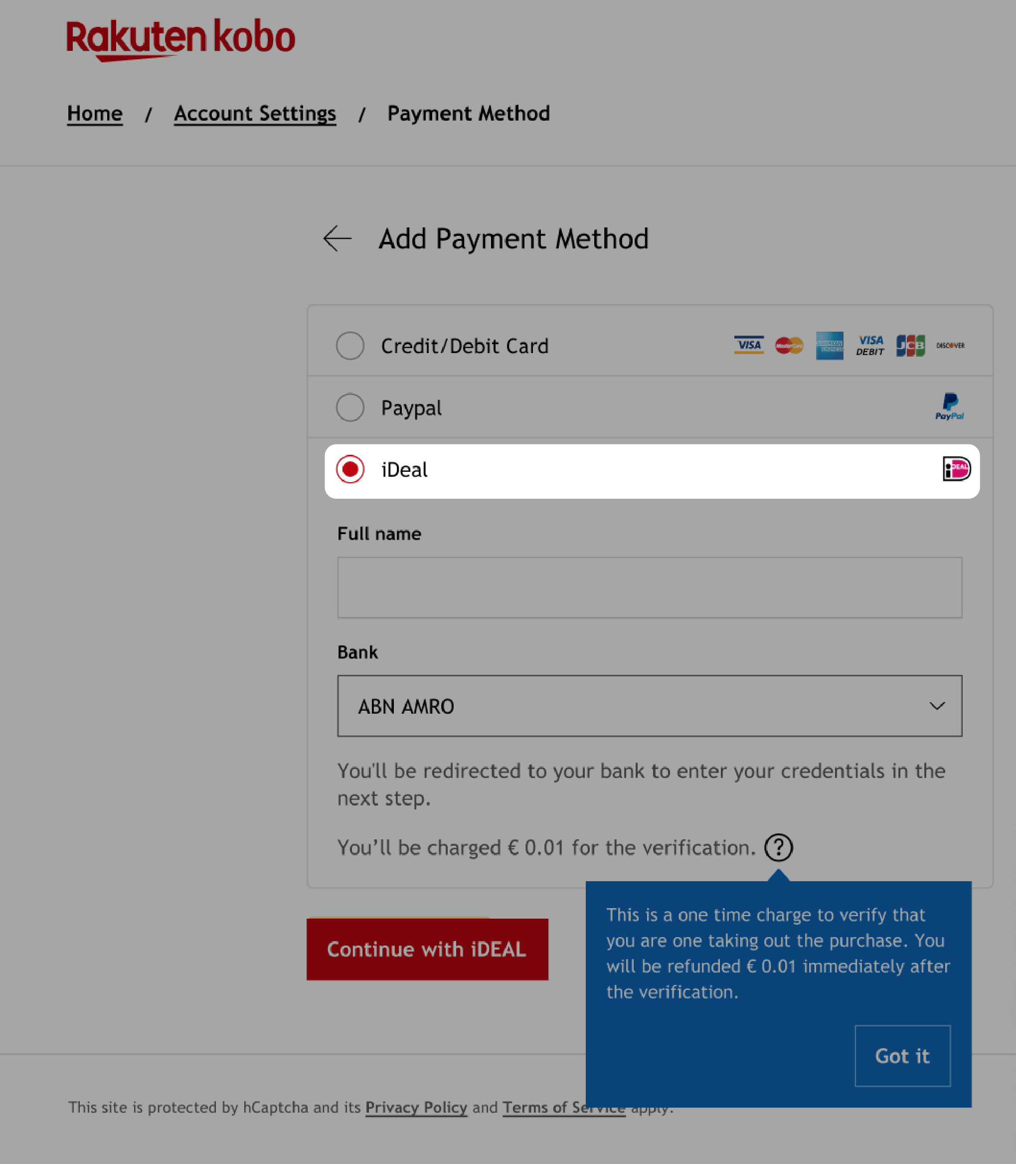 Kobo.com Payment Method meu with iDeal option highlighted.