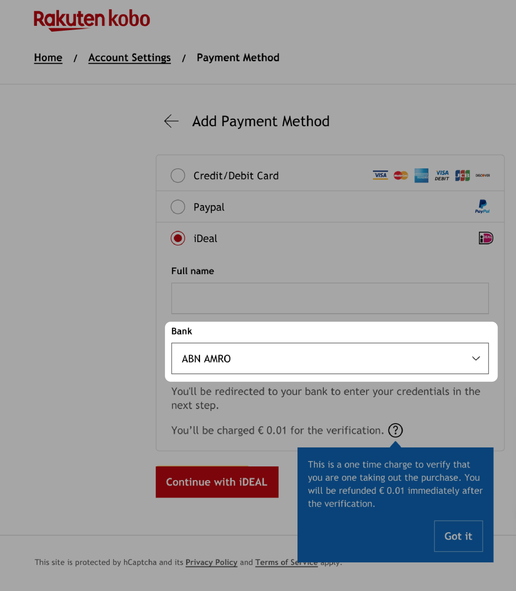 Kobo.com Payment Method meu with Bank field highlighted.