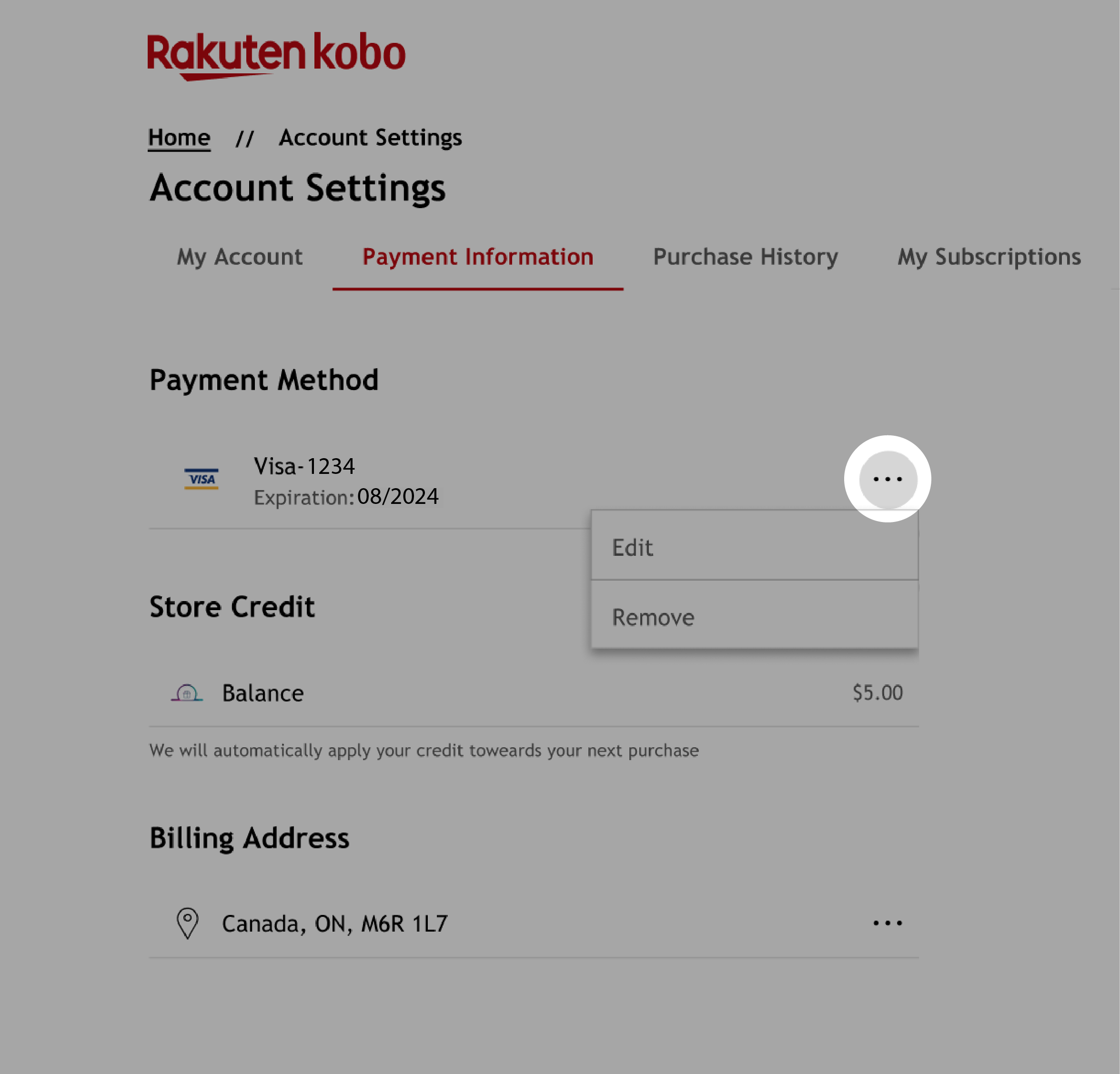 Kobo.com Account Settings menu with the three dots icon highlighted.