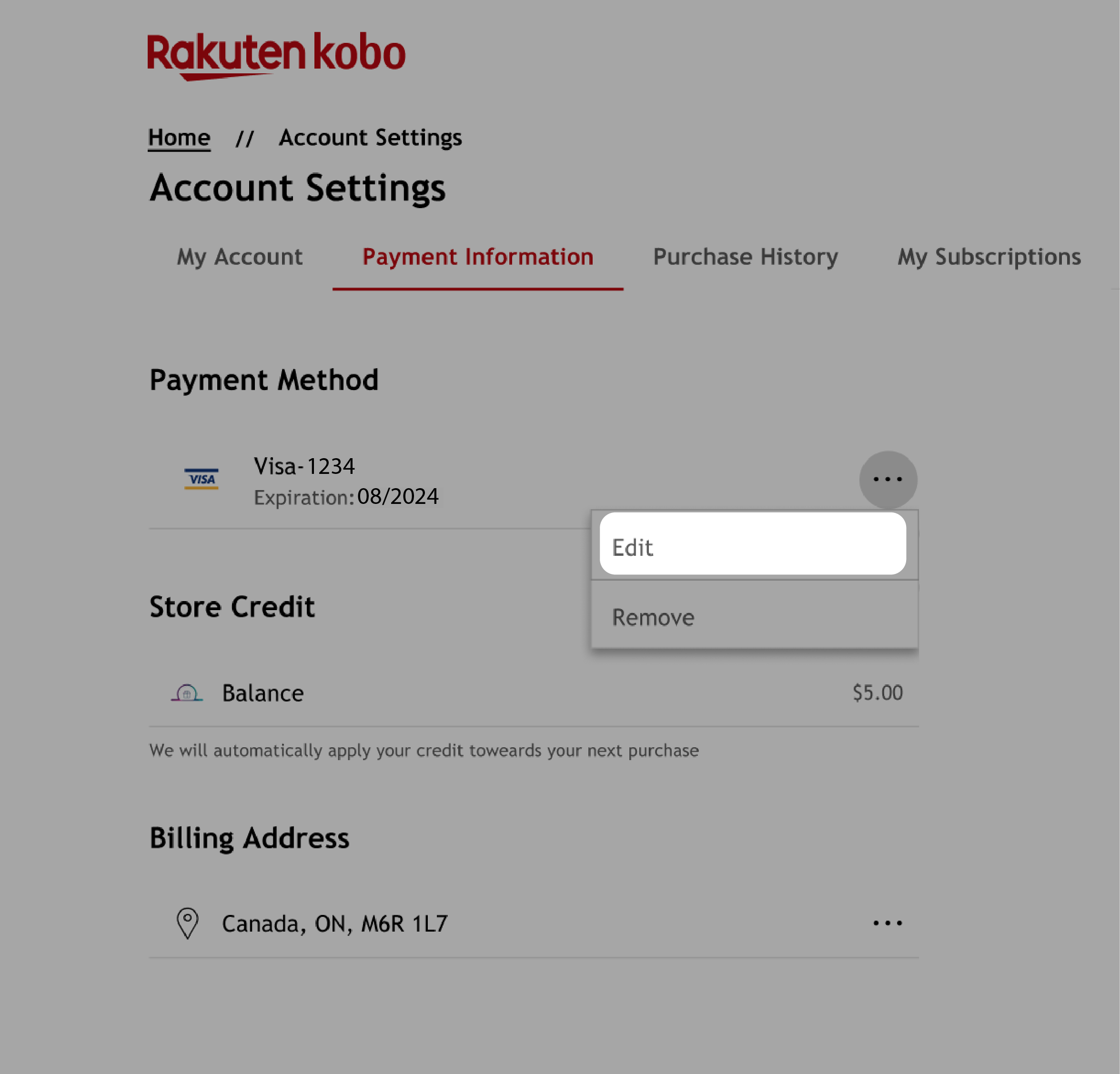 Kobo.com Account Settings menu with the Edit button highlighted.