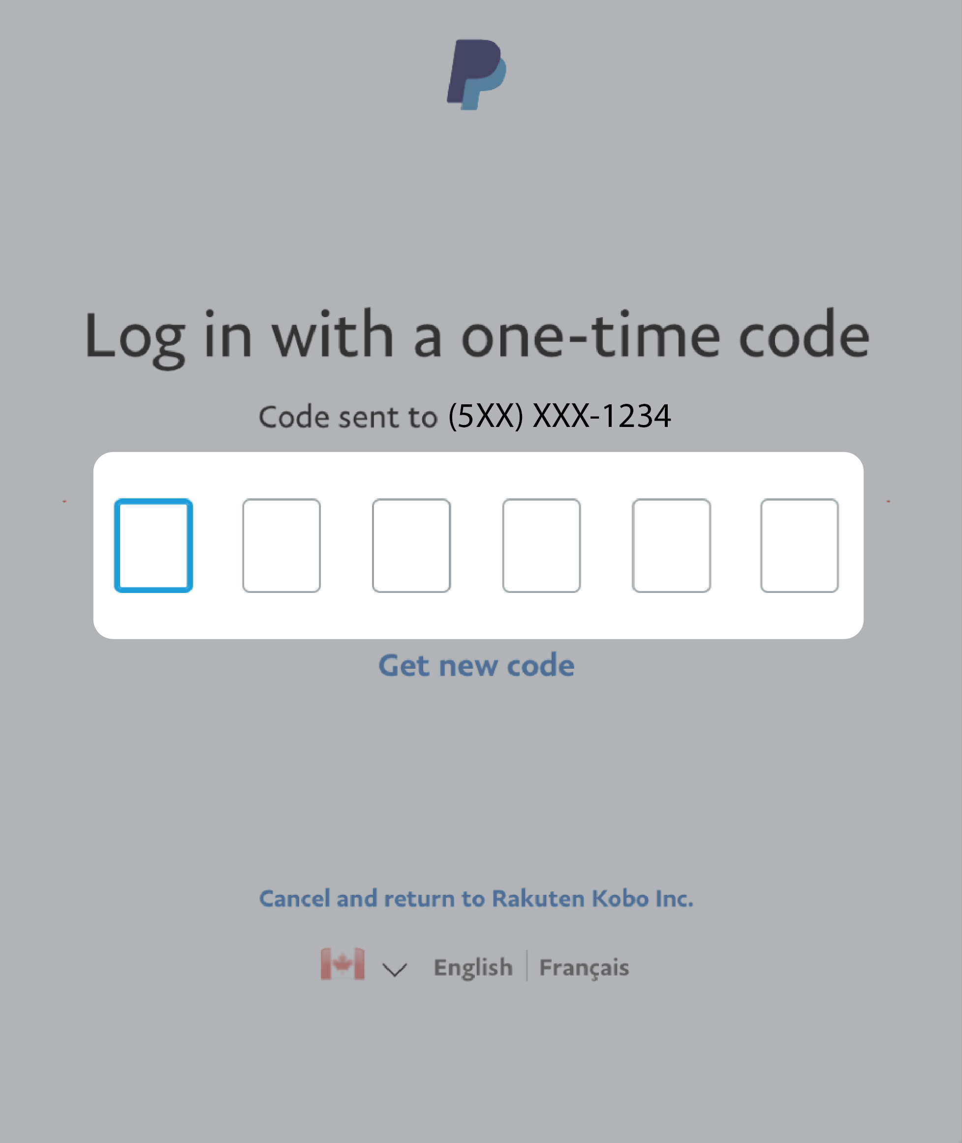 Log in with a one-time code menu with the blank code fields highlighted.