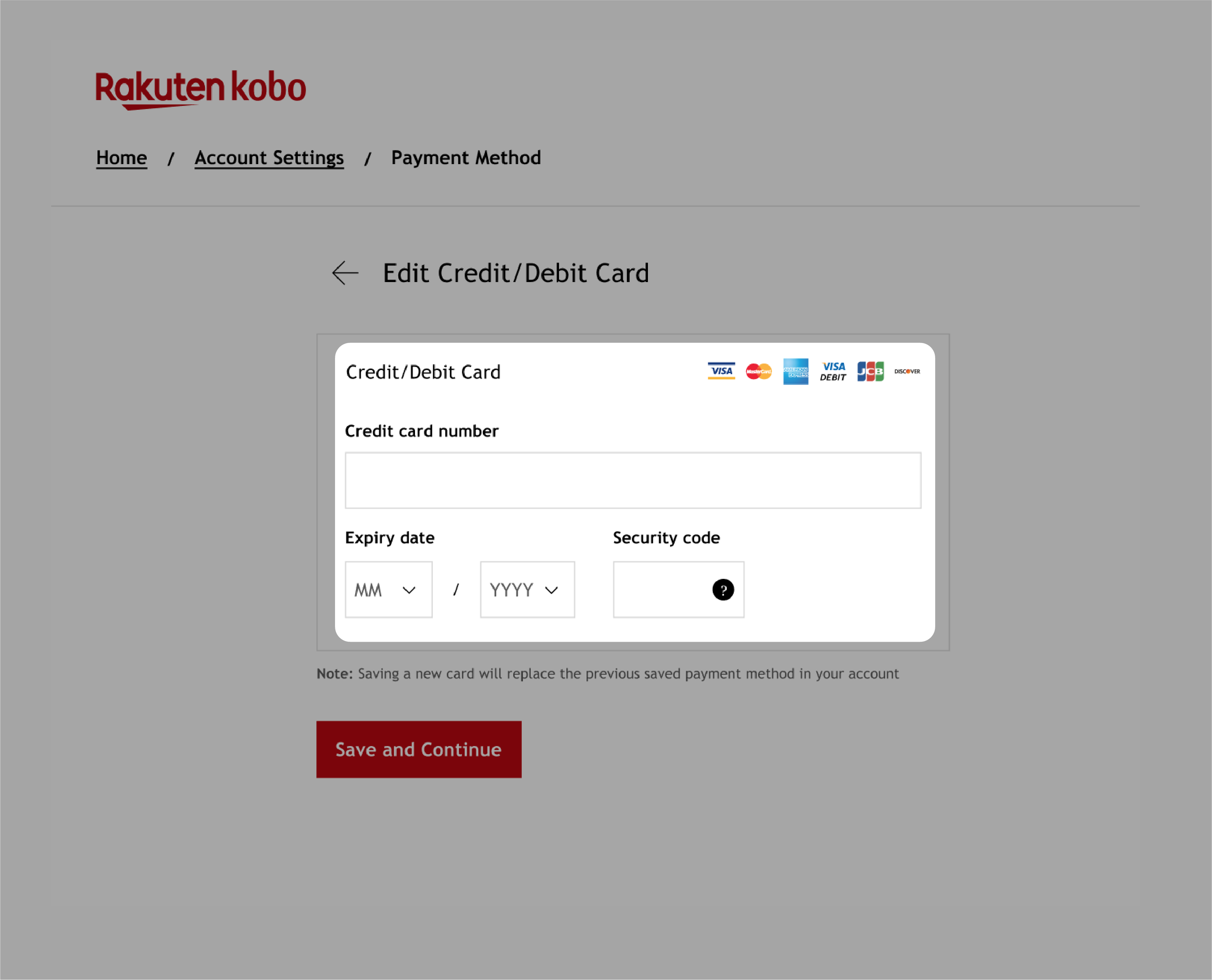 Menu delle Impostazioni account di Kobo.com con i campi della carta di credito evidenziati.