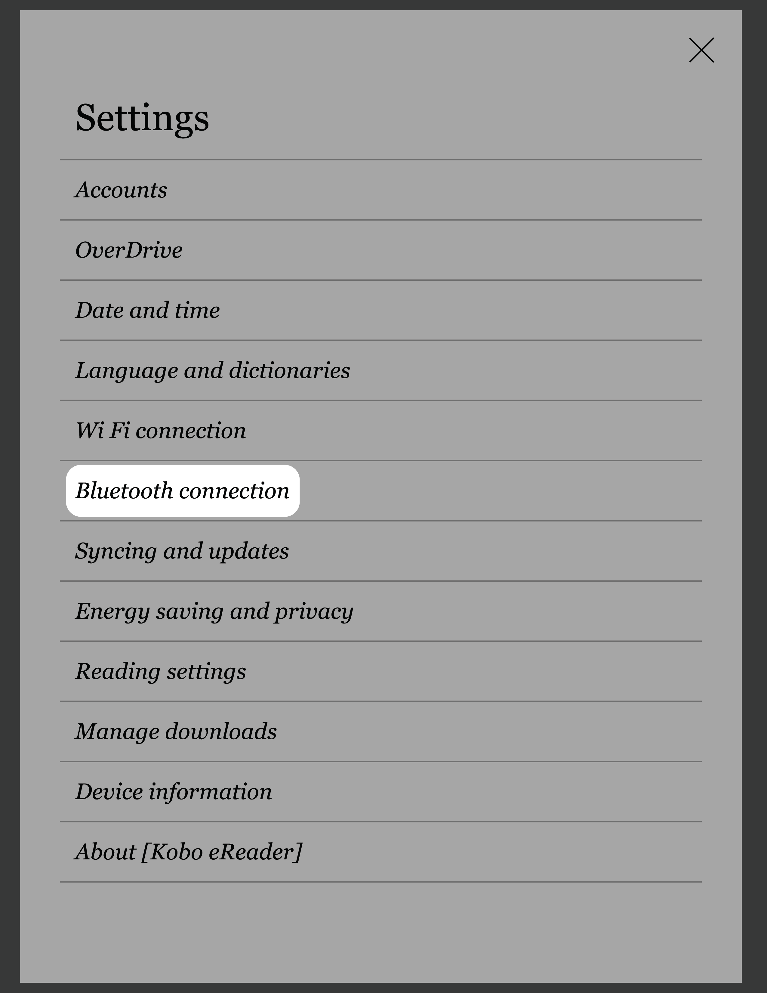 Kobo eReader Settings menu with the Bluetooth connection button highlighted.