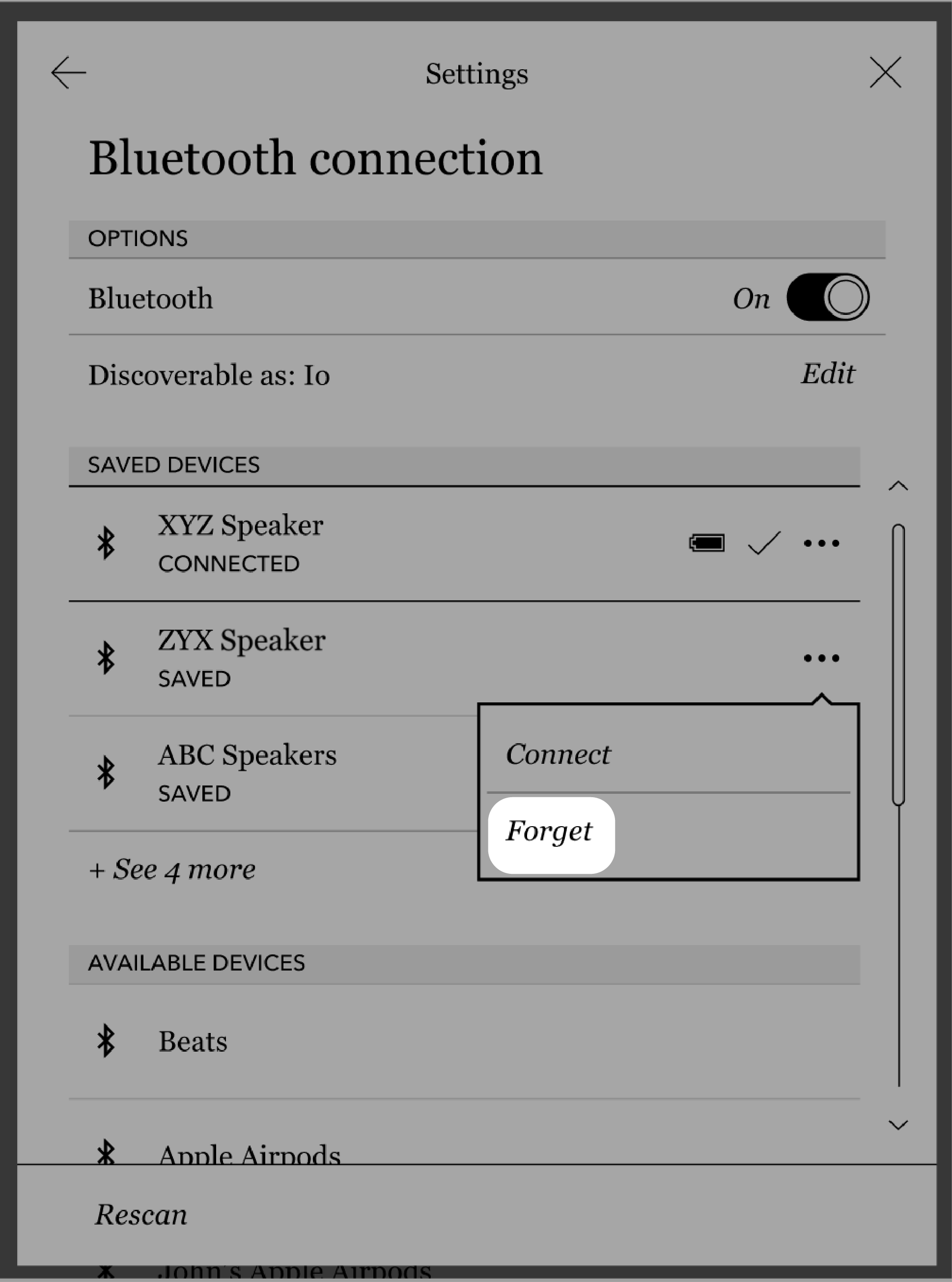 Menú de conexión Bluetooth del eReader Kobo con el botón Olvidar resaltado.