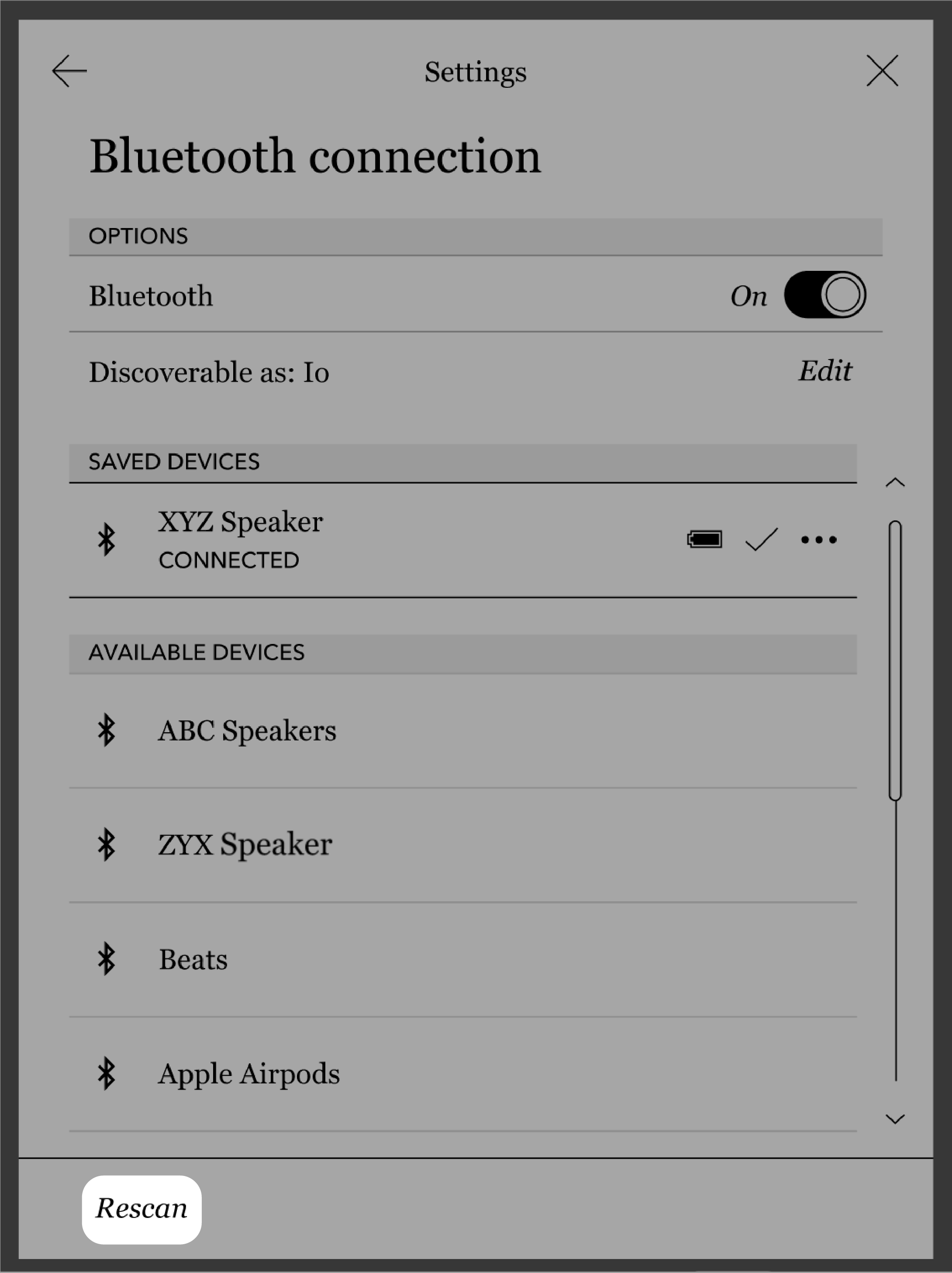 Menu di connessione Bluetooth dell'eReader Kobo con il comando Scansiona di nuovo evidenziato.