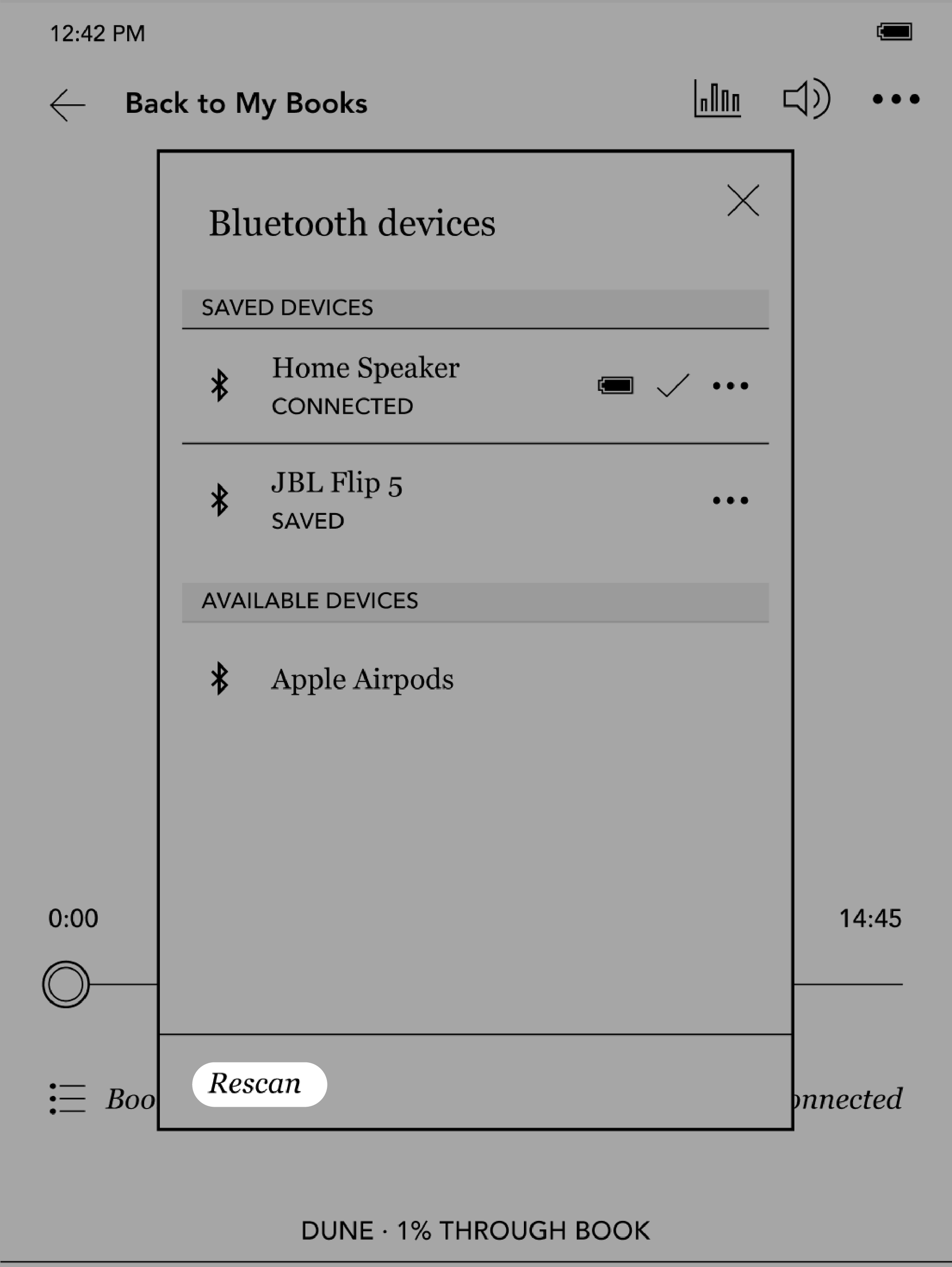 Het menu Bluetooth-apparaten van de eReader met de knop Opnieuw scannen gemarkeerd.