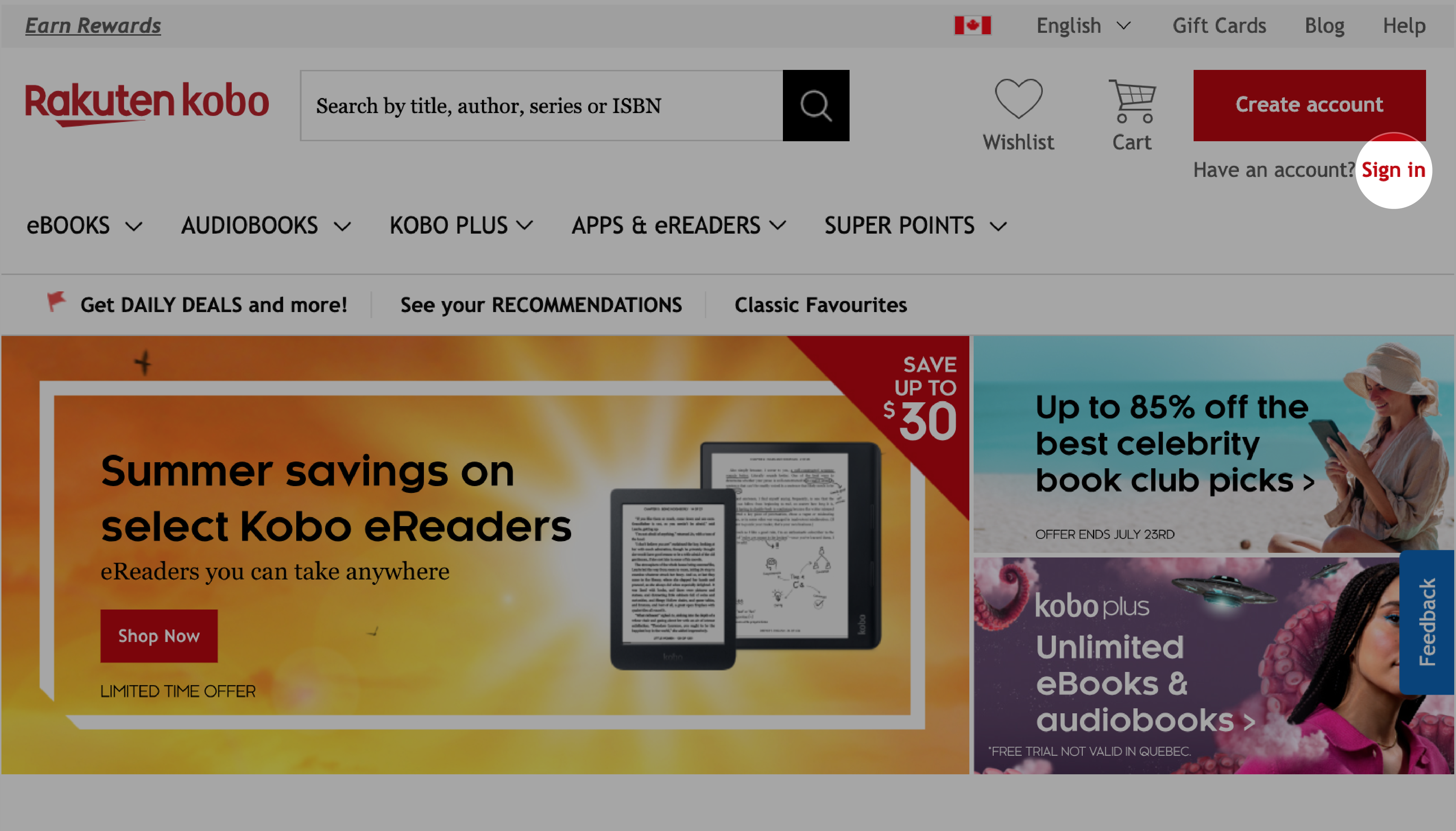 Kobo.com startpagina met de knop Aanmelden bovenaan het scherm gemarkeerd.