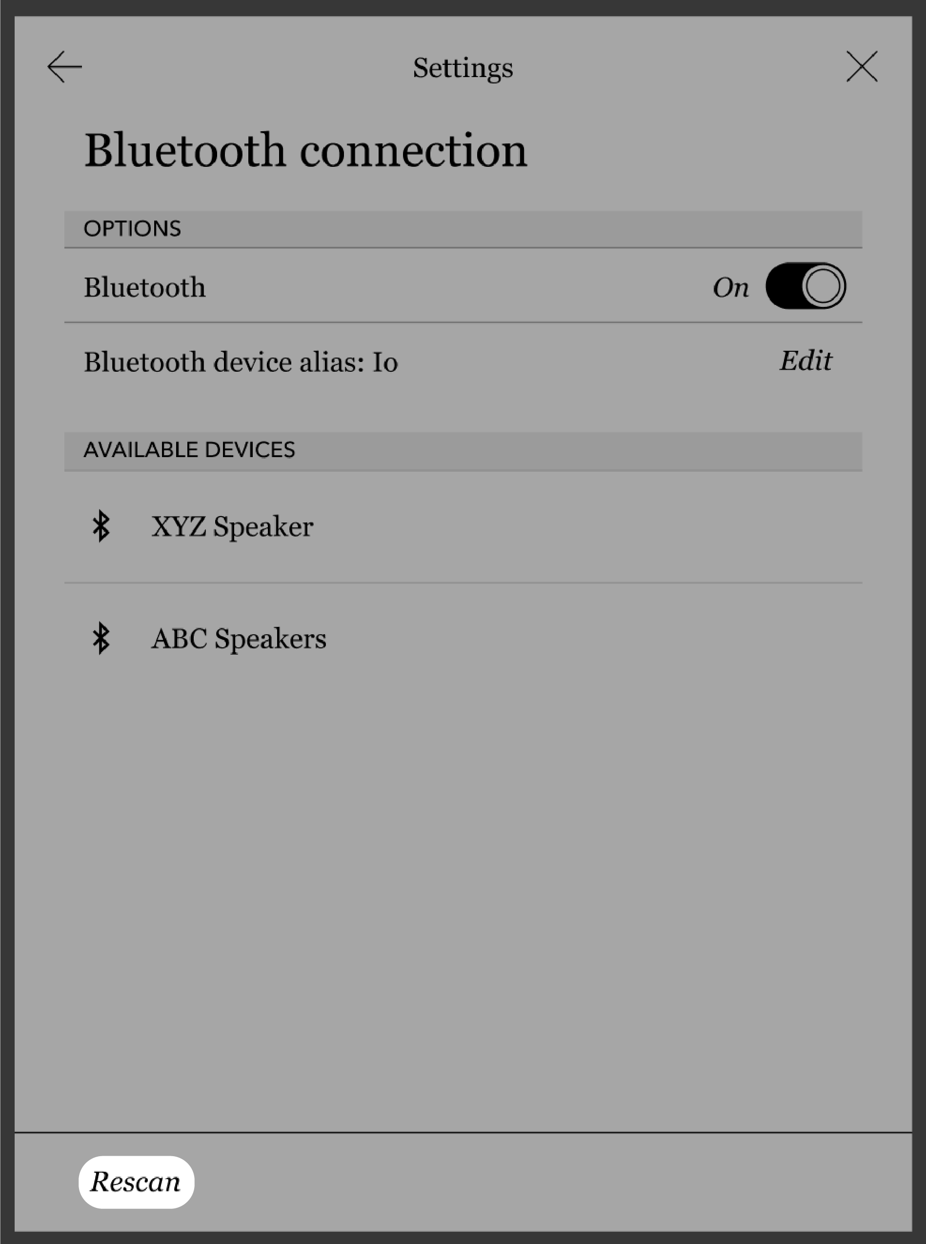 Menú de conexión Bluetooth del eReader Kobo con el botón Reescanear resaltado.