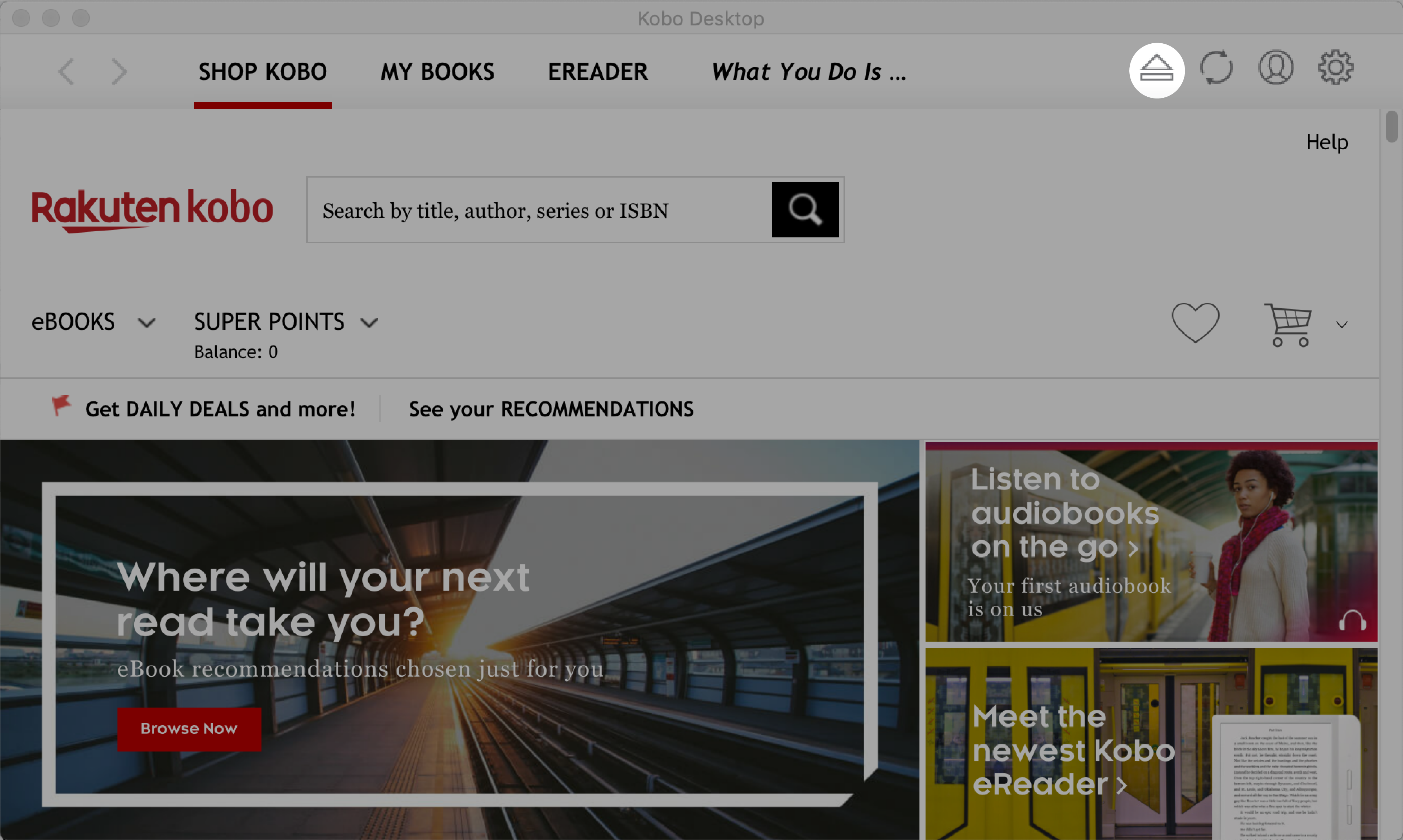 Kobo Desktop app with Eject  icon highlighted near the top of the screen.