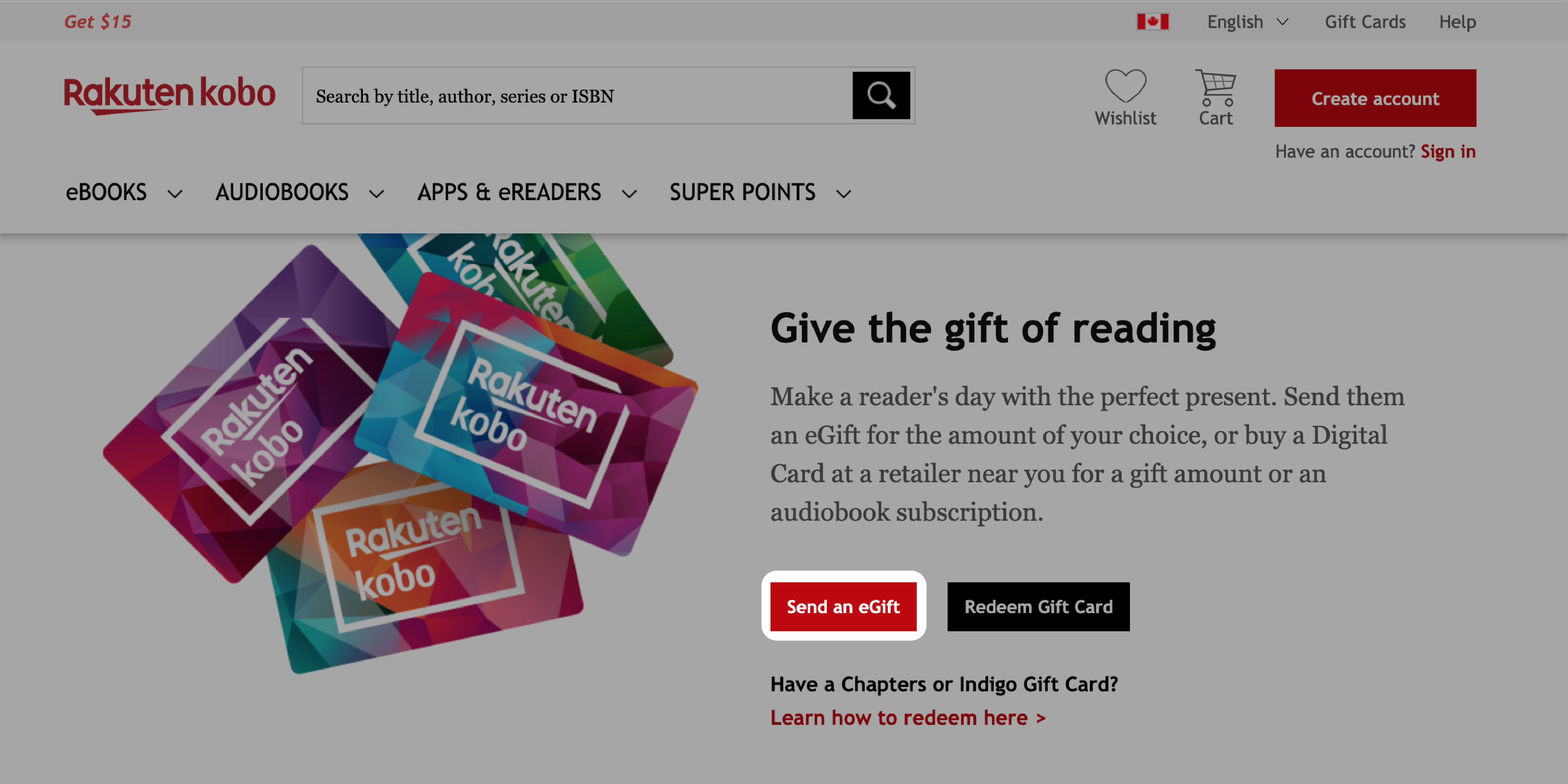 Kobo.com, presentkortssida med knappen Skicka en e-present markerad.