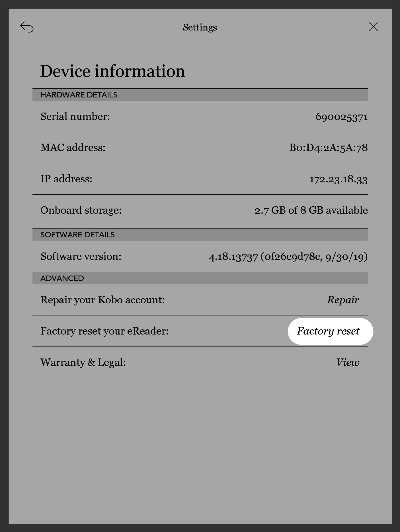 Menu de definições do eReader Kobo com o botão de reposição de fábrica destacado.