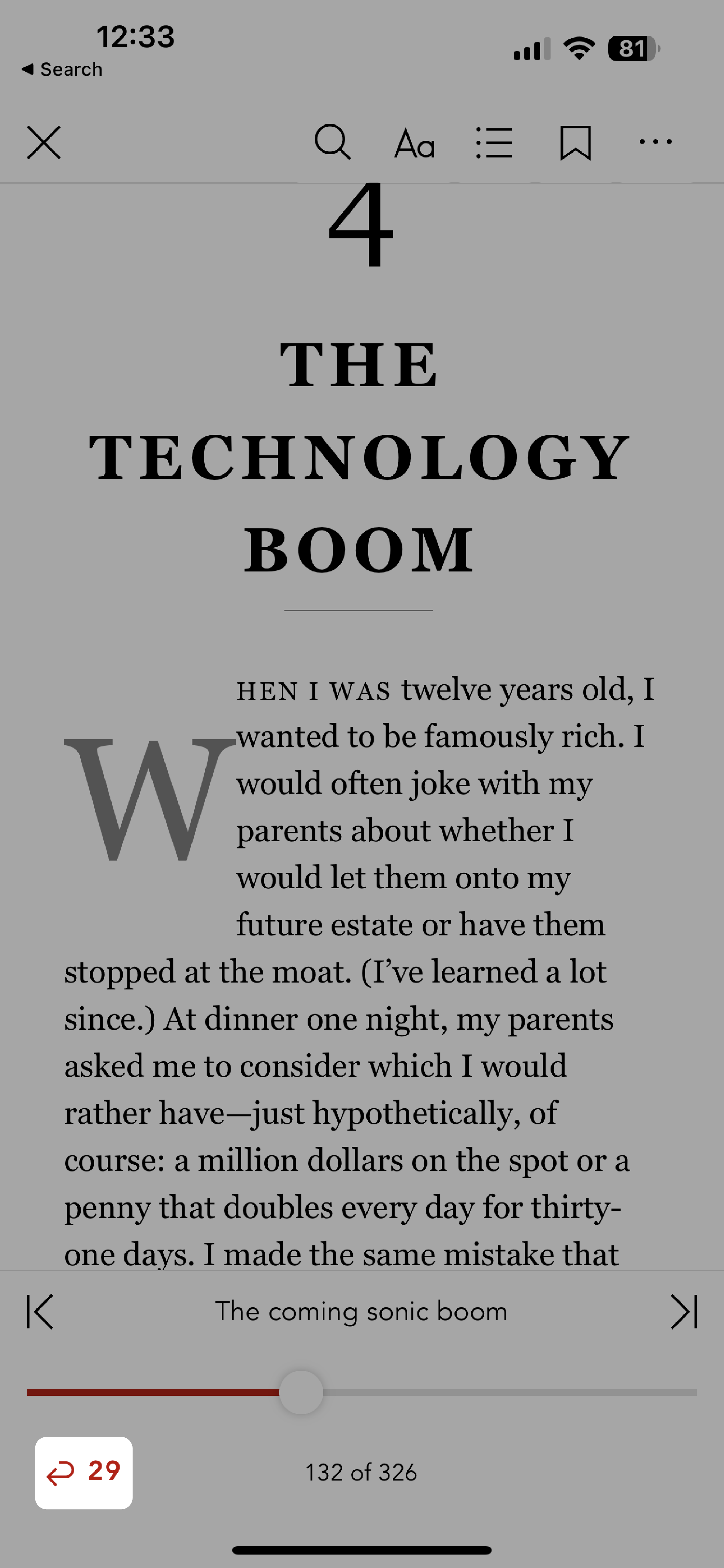 Mode lecture dans l'application Kobo Books avec le bouton Page précédente mis en évidence en bas à gauche.