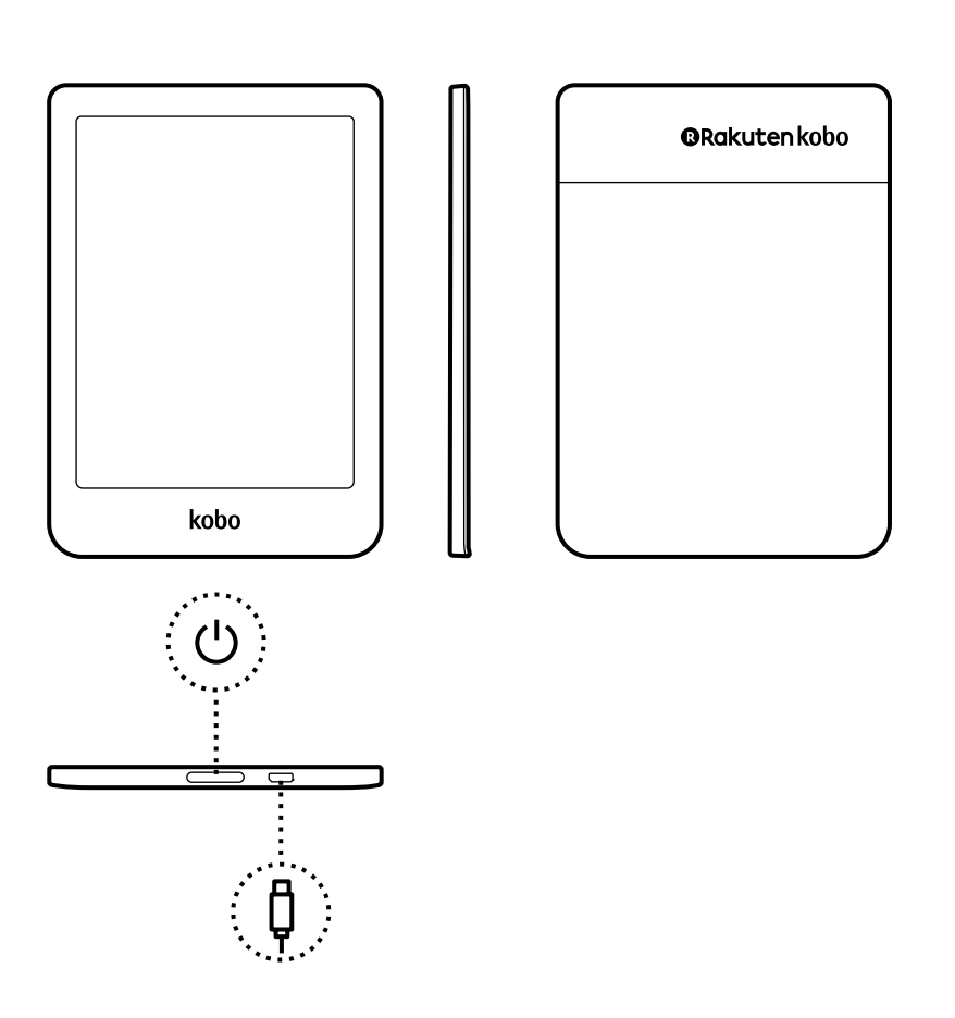 Illustration des Kobo eReaders mit hervorgehobenen Anschlüssen und Ein-/Ausschalter.