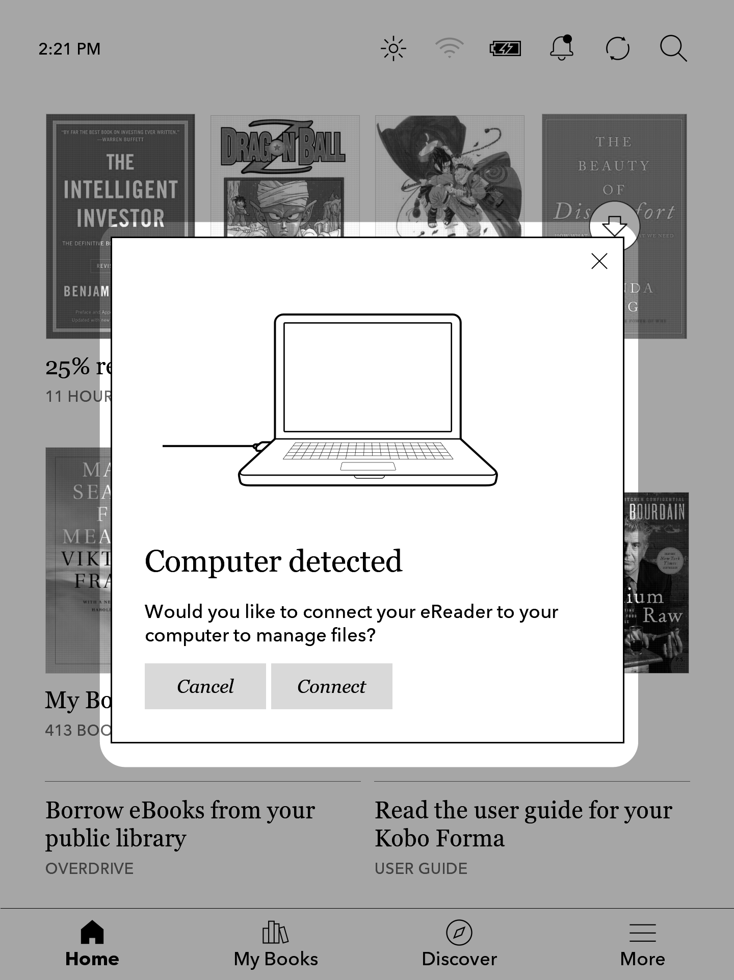 The translation of "Kobo eReader pop-up window that reads Computer detected." to German, using the official terminology from Rakuten Kobo, is:

"Kobo eReader-Popup-Fenster mit der Meldung Computer erkannt."