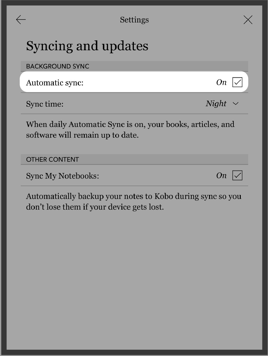 Kobo eReader Synchronisierungs- und Aktualisierungsmenü mit hervorgehobenem Automatische Synchronisierung-Menü.