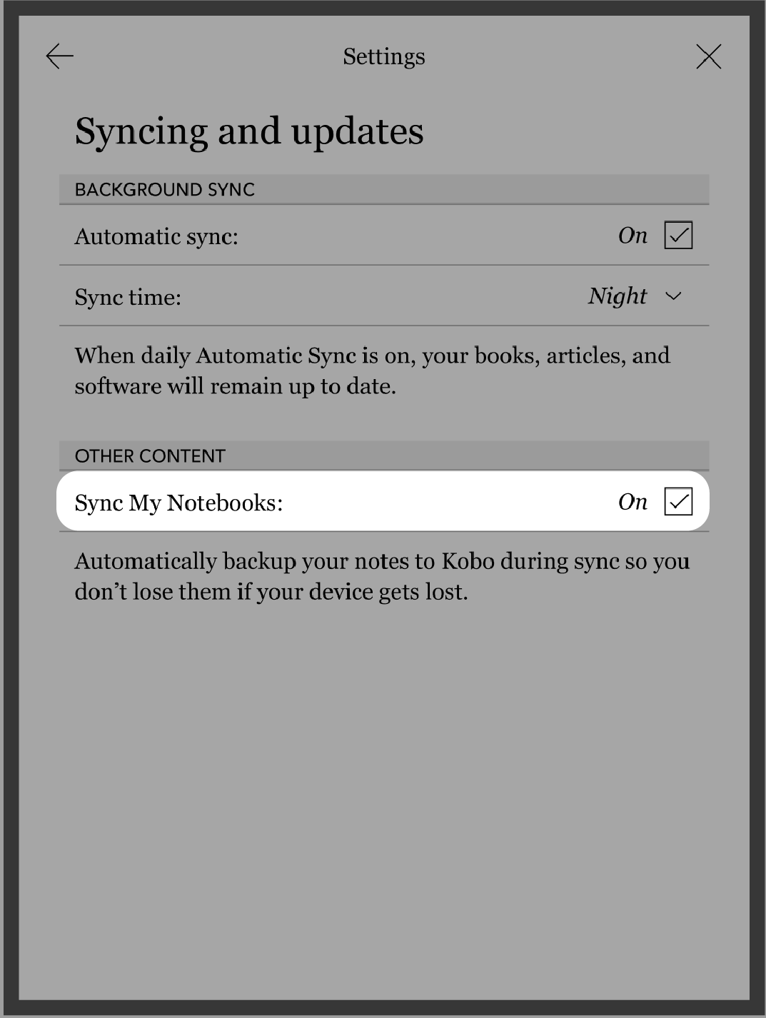 Kobo eReader Synchronisatie- en Updatesmenu met het menu Mijn Notitieboeken synchroniseren gemarkeerd.