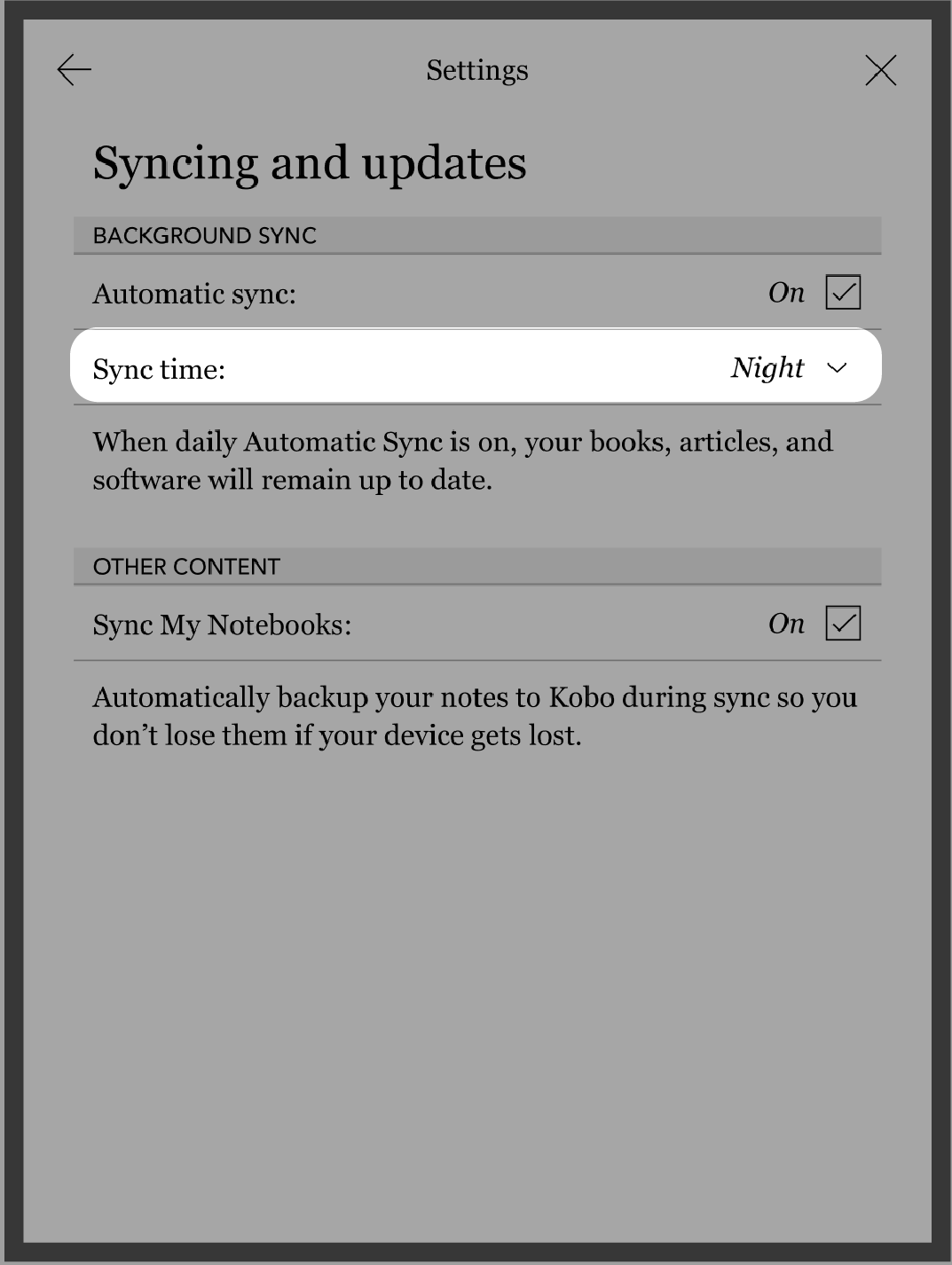 Kobo eReader Synchronisatie- en Updatesmenu met het Synchronisatietijdmenu gemarkeerd.