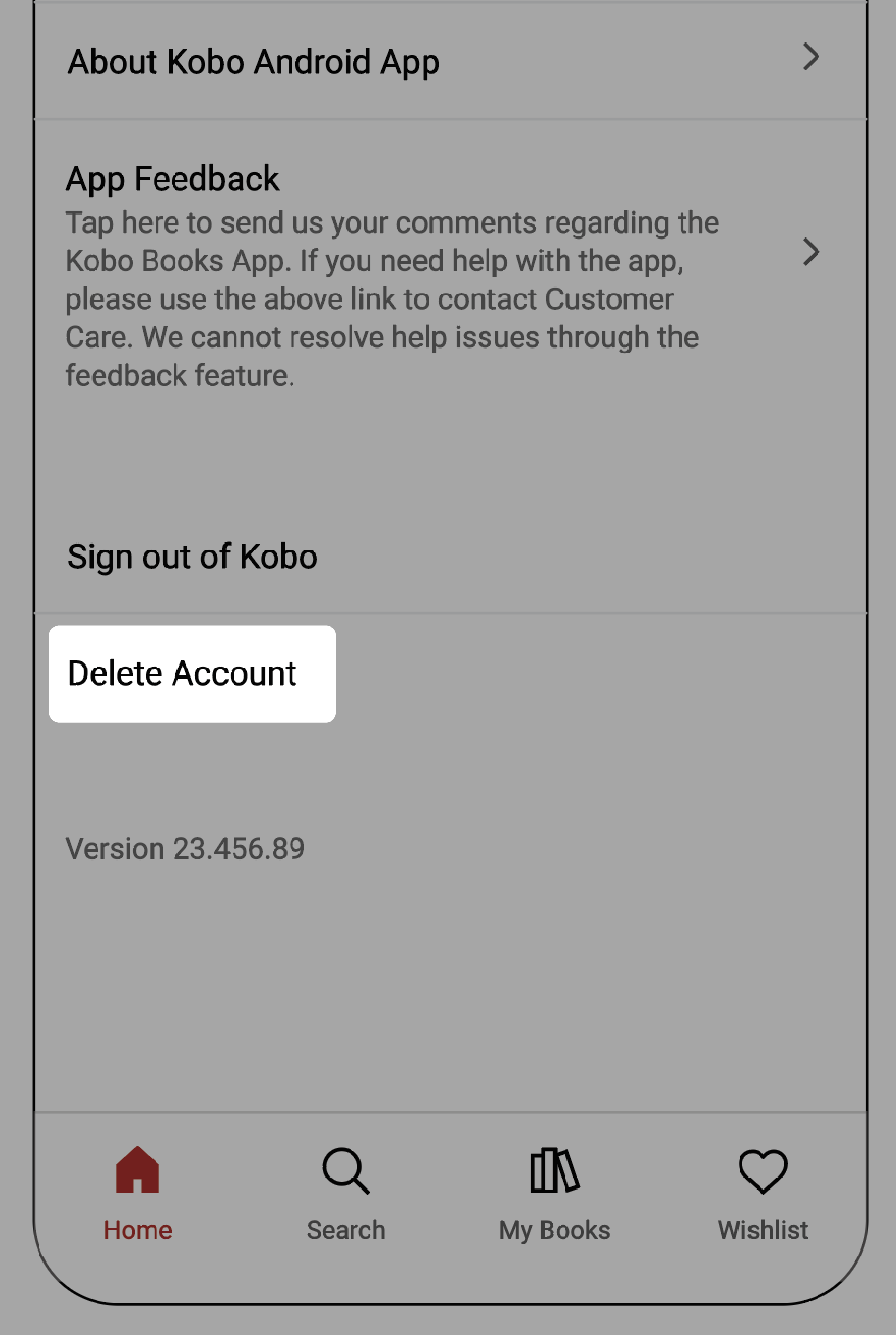 Application Kobo Books avec le bouton Supprimer le compte mis en évidence.