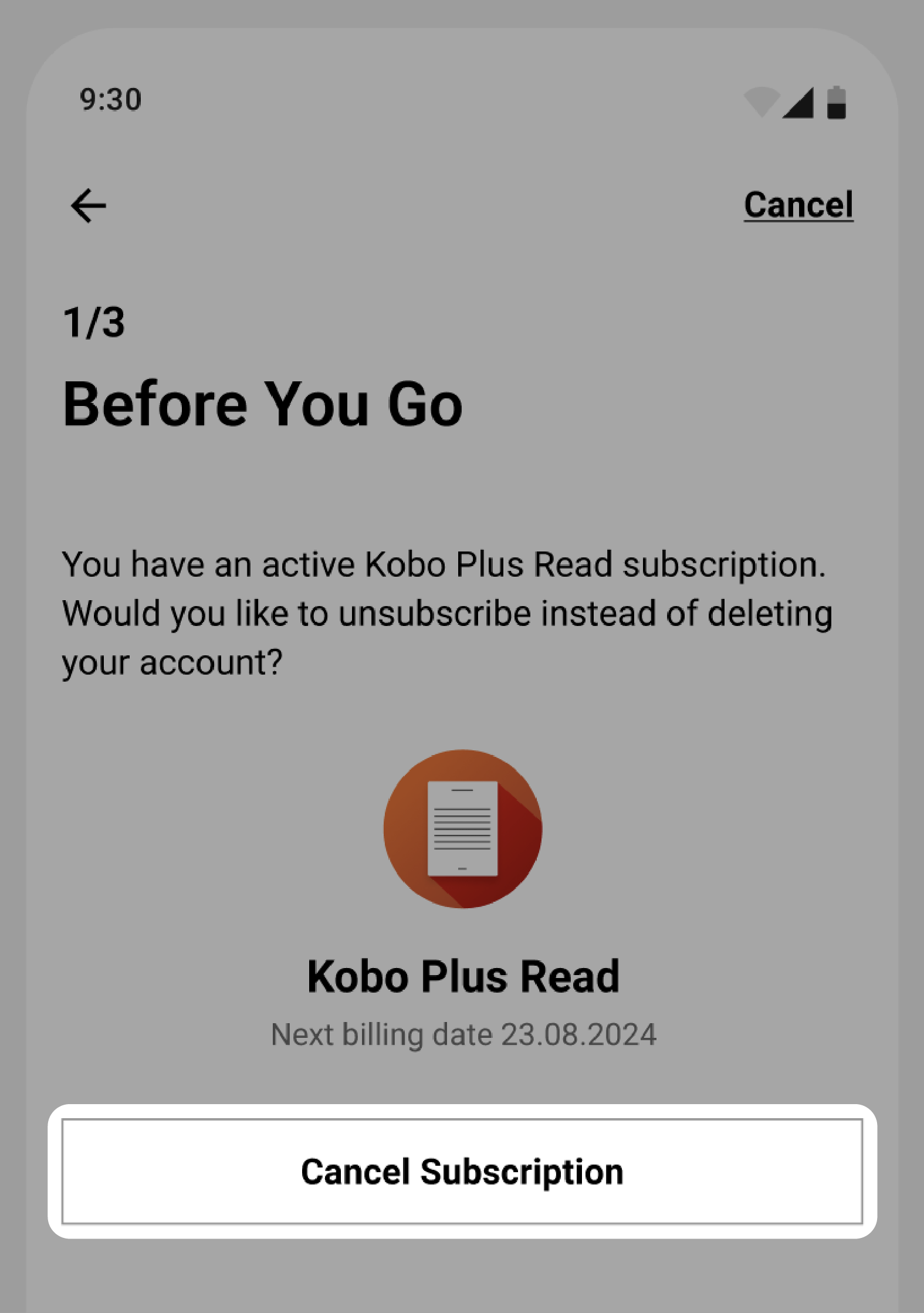 Instelscherm van de Kobo Books-app met de knop 'Kobo Plus-abonnement annuleren' gemarkeerd.