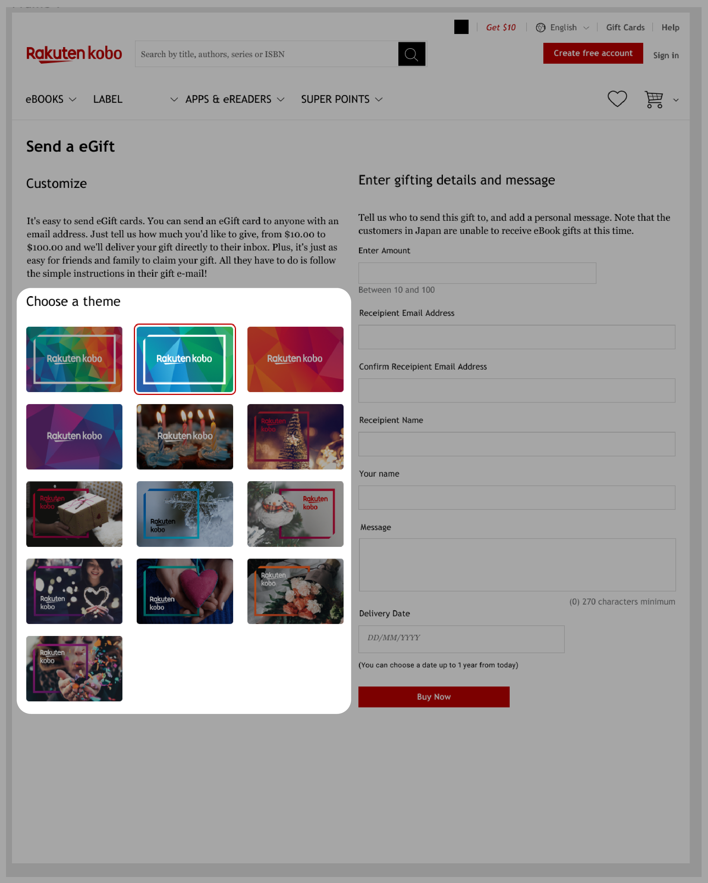 Kobo eGift page with the different gift card styles selected.