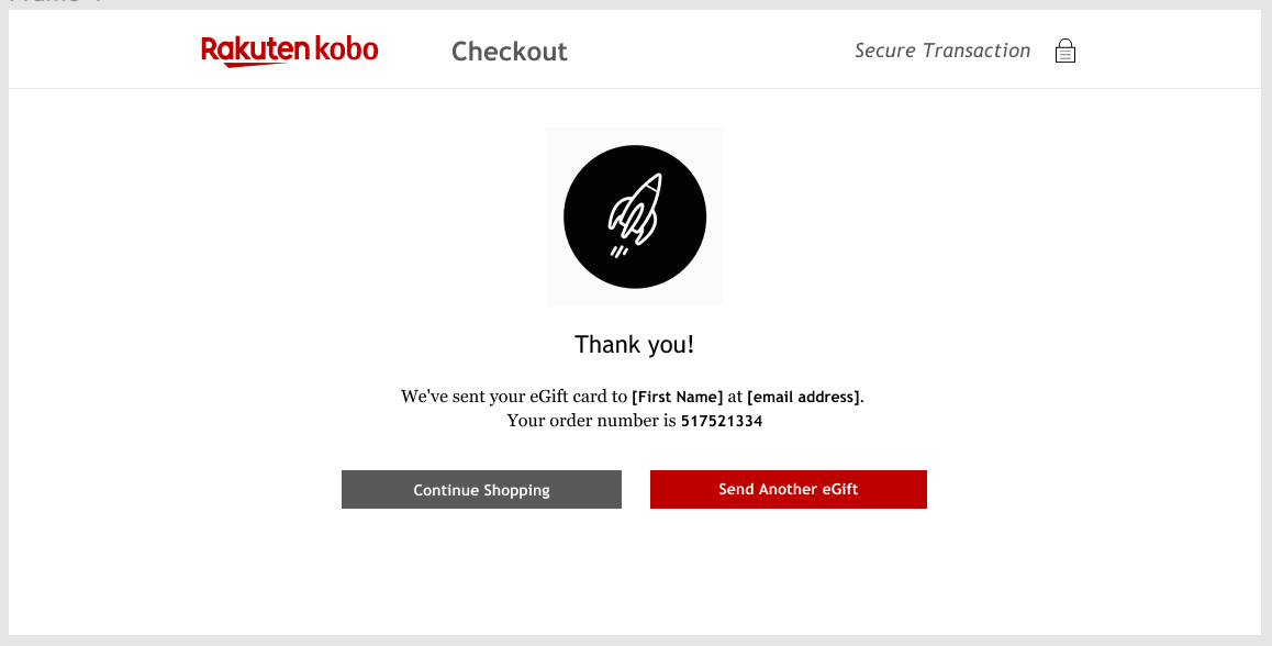 Page de confirmation d'achat de carte cadeau Kobo.