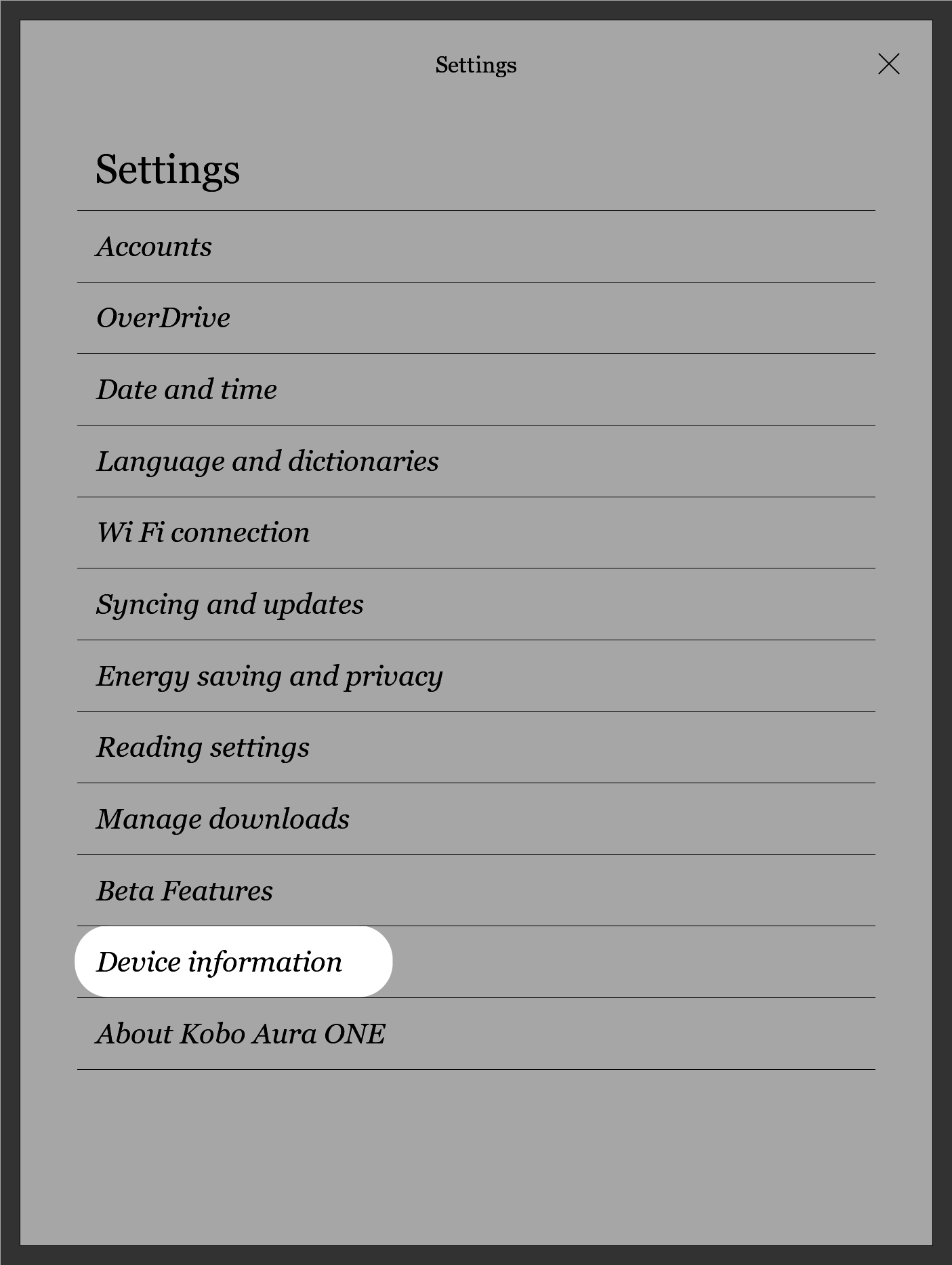 Menú de configuración del eReader Kobo con el botón de información del dispositivo resaltado.