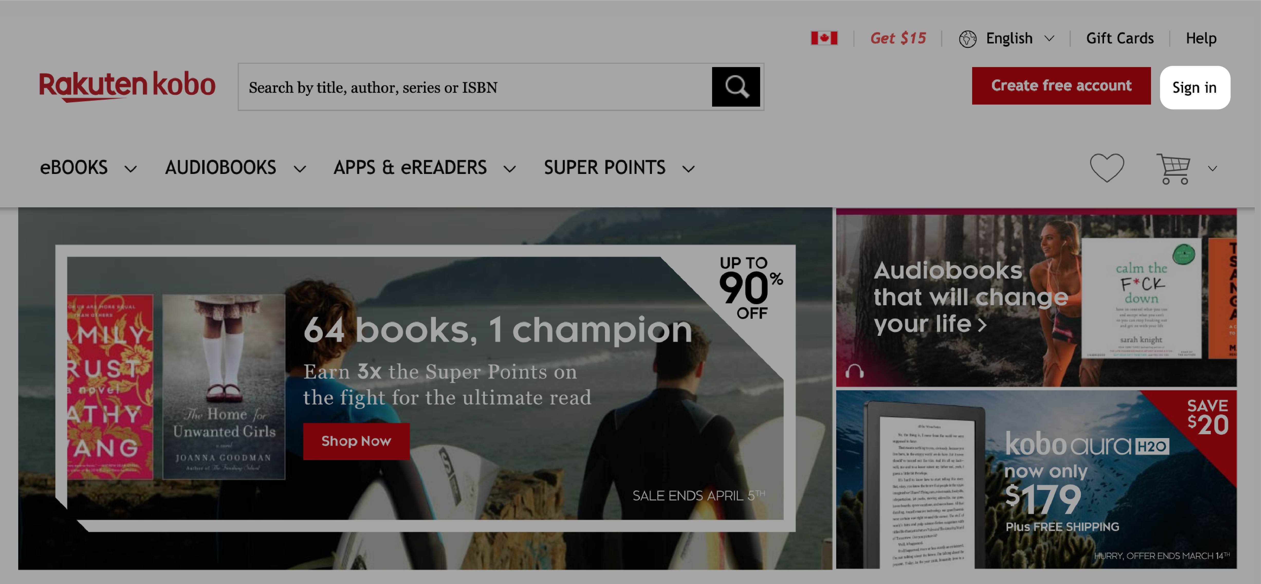 Kobo.com home page with Sign in button highlighted.