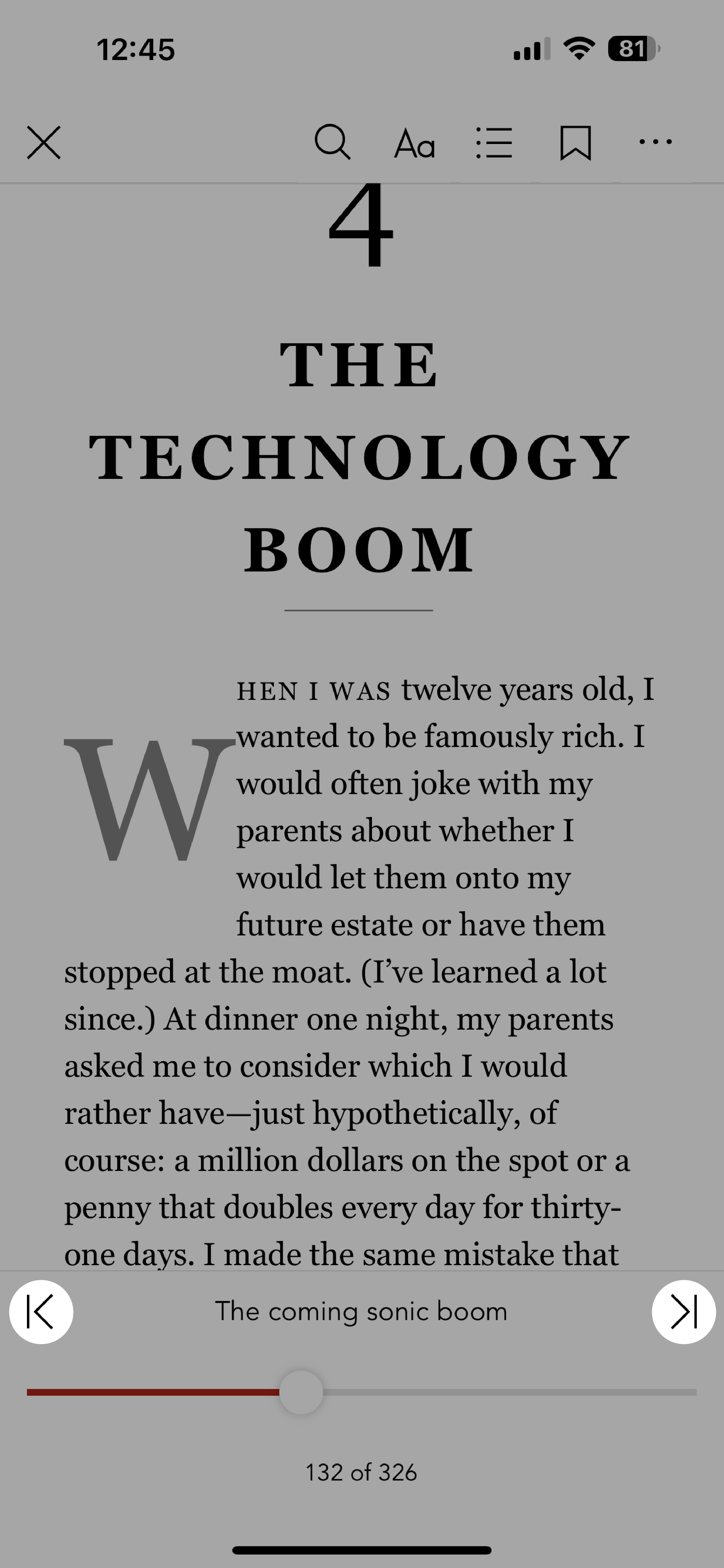 Kobo Books app with the Chapter forward and Backward buttons highlighted.
