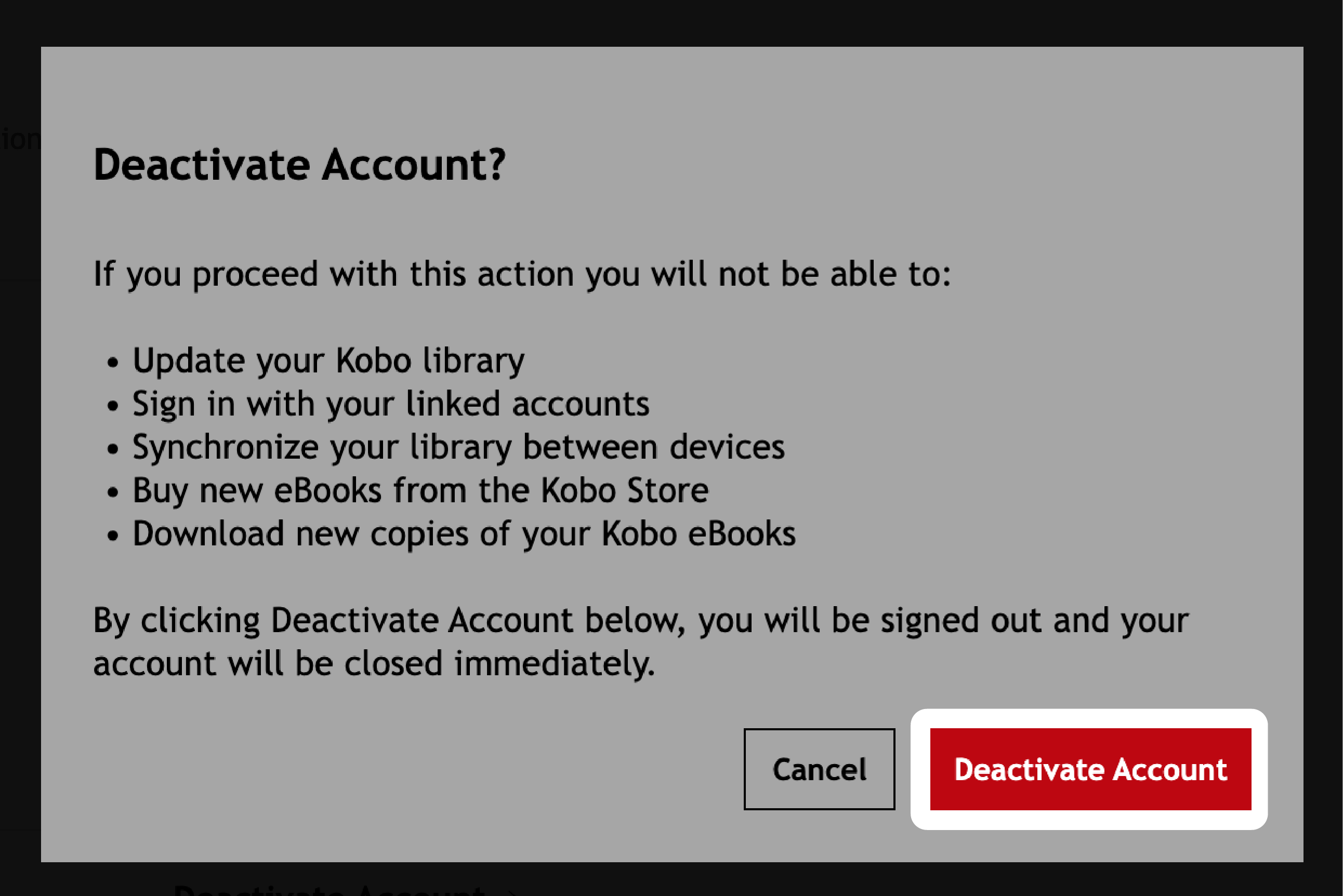 Deactivate Account pop-up window with the Deactivate Account button highlighted.